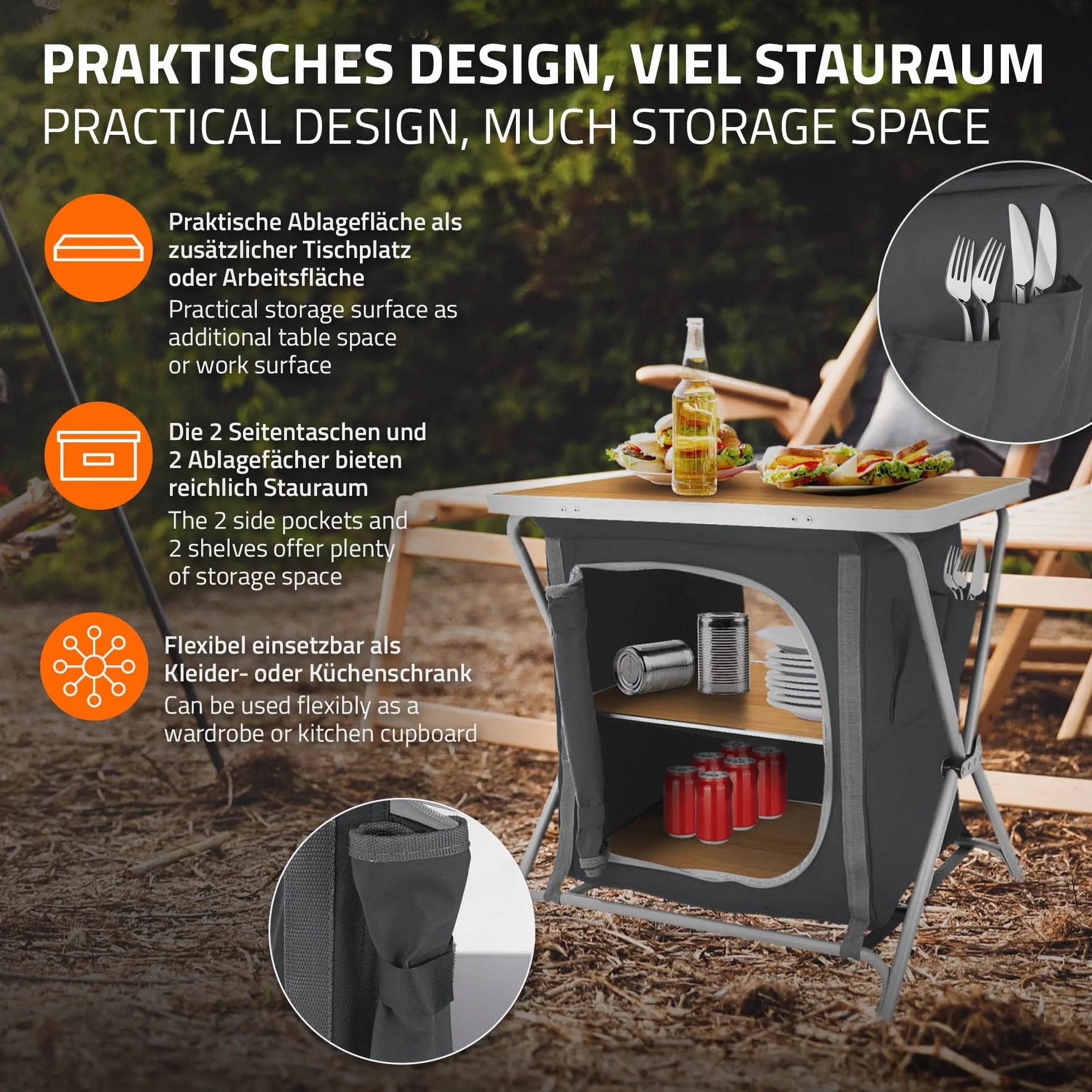 ECD Germany Armario de Cocina Plegable para Camping 64x60x45 cm Madera-Negro Caja con Estructura de Aluminio y Tela para Exteriores Mesa Auxiliar Portátil con Encimera 2 Estantes y Bolsa de Transporte