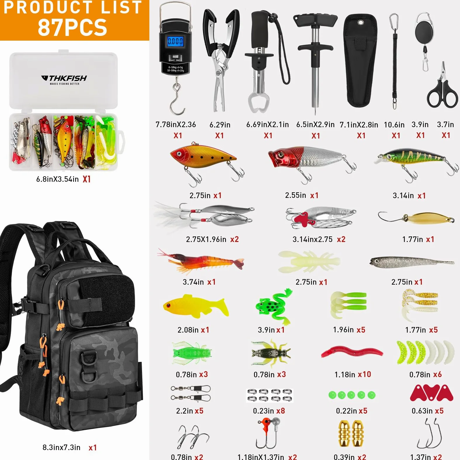 THKFISH Kit de herramientas de pesca, mochila y caja de aparejos con aparejos incluidos, anzuelos, plomos, accesorios, alicates, agarre de labios de pescado, equipo de pesca y regalo de pesca para