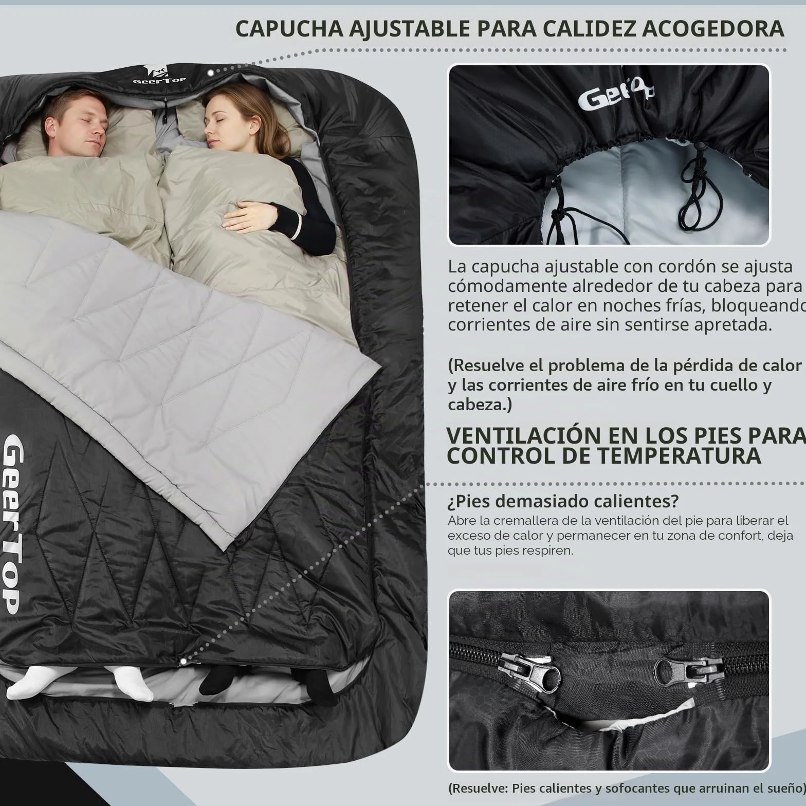GEERTOP Saco de dormir doble para 2 personas, doble saco de dormir para adultos, para camping, mochilero, senderismo, con dos fundas de almohada y edredones