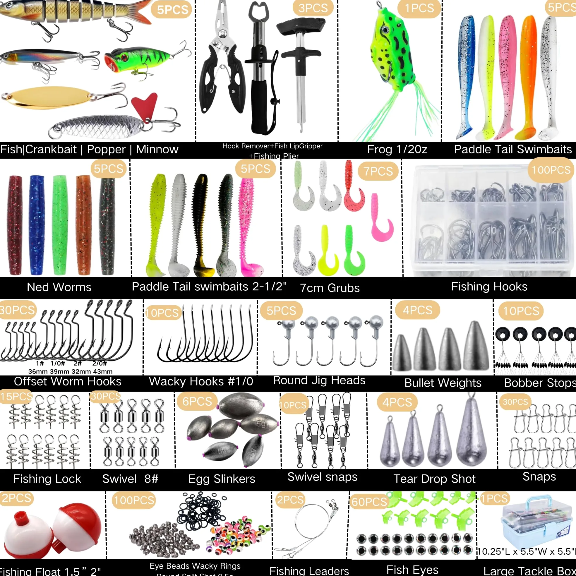 Caja grande de aparejos de pesca de 3 capas con aparejos incluidos, kit de 450 señuelos de pesca, contiene alicates, anzuelos, señuelos, pesos y accesorios, equipo de pesca de lubina de agua dulce
