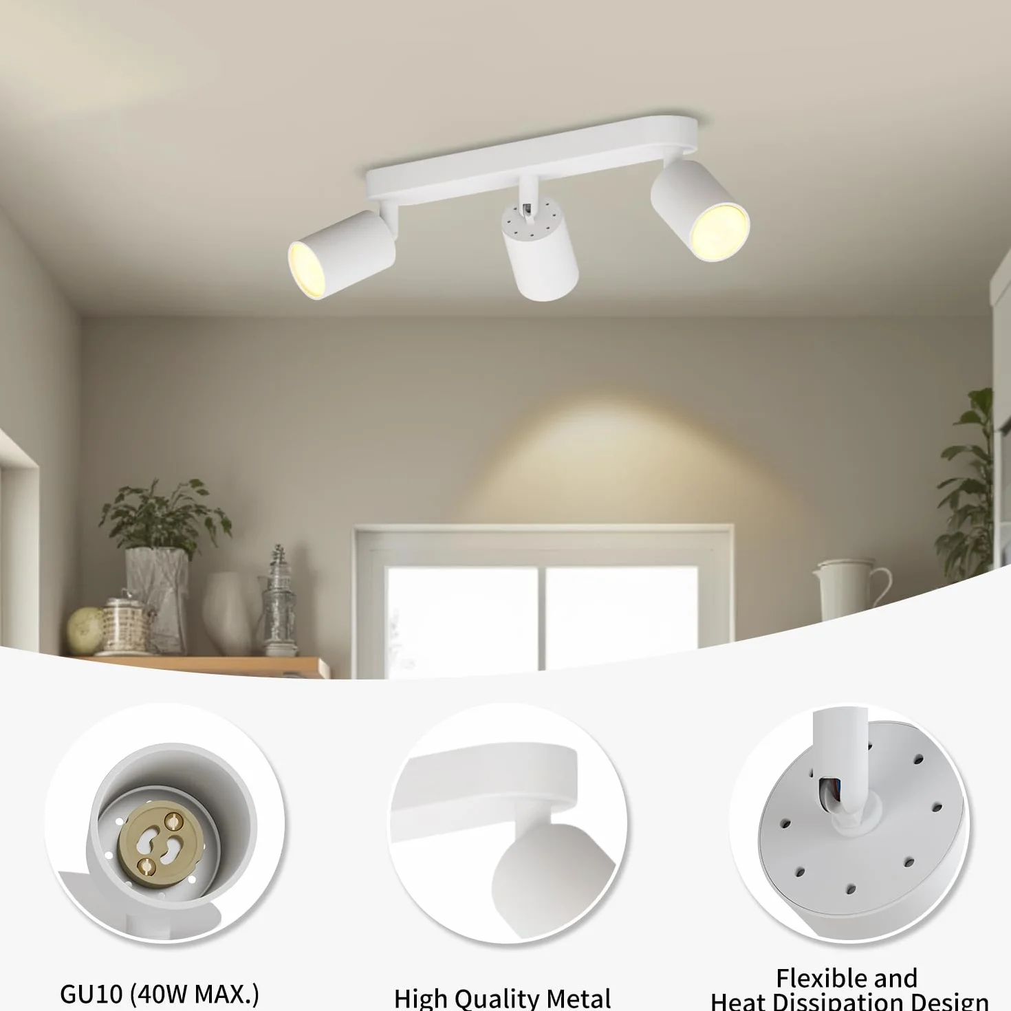 LVWIT Foco de Techo LED Blanco 3 Focos Orientable GU10 Lámpara de Techo Moderna