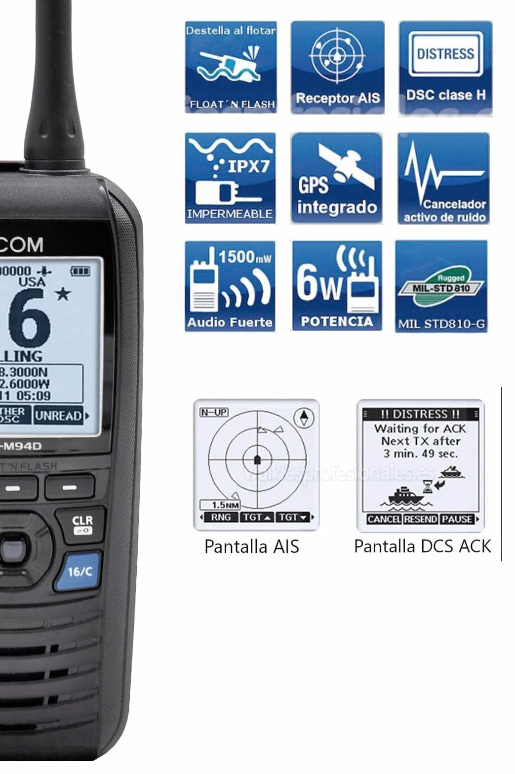 Icom TRANSCEPTOR Marino DE Radio VHF ICOM IC-M94 con Receptor DSC Y AIS