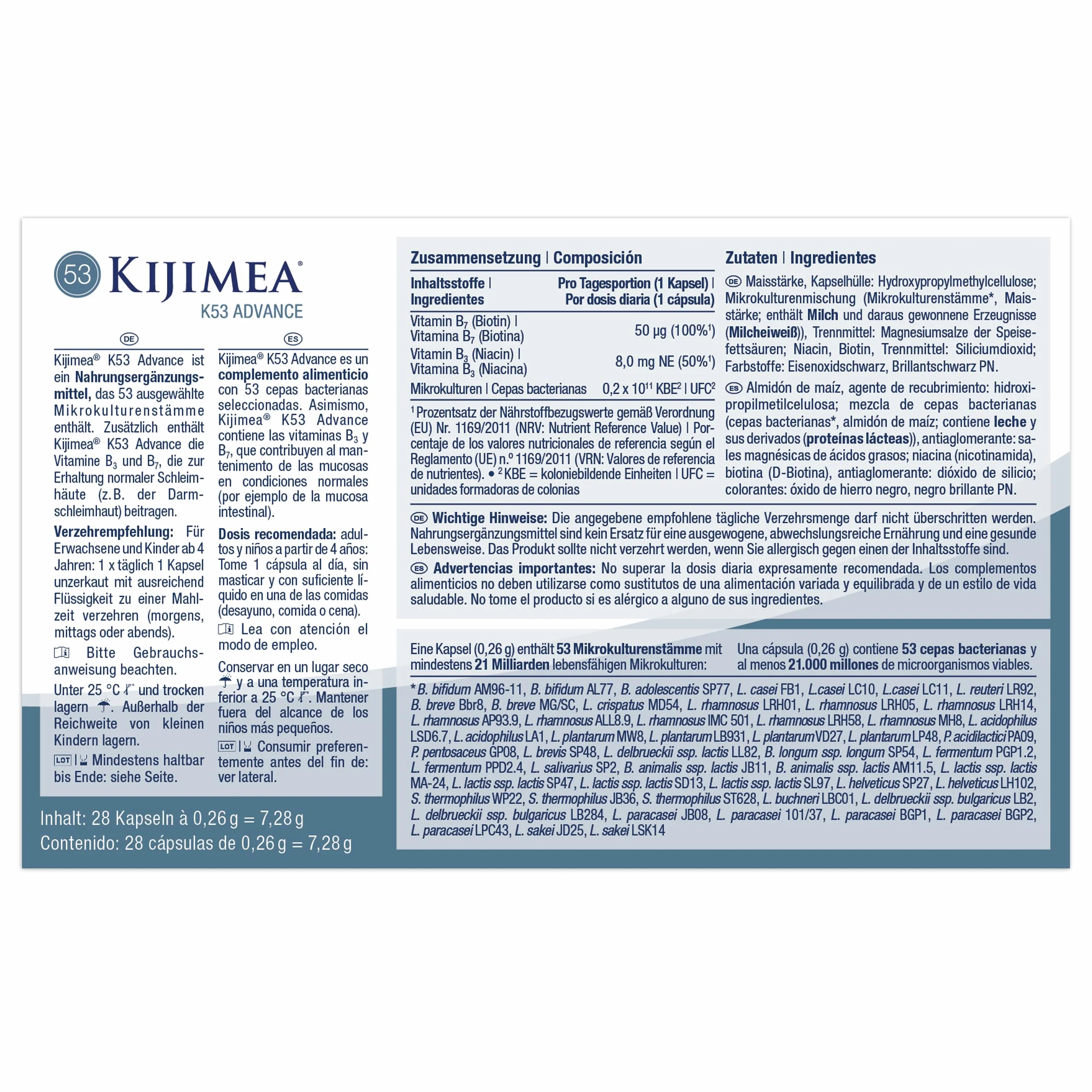 Kijimea K53 Advance Cápsulas de bacterias intestinales 53 cepas flora intestinal biotina 500 mil millones UFC 28 cápsulas