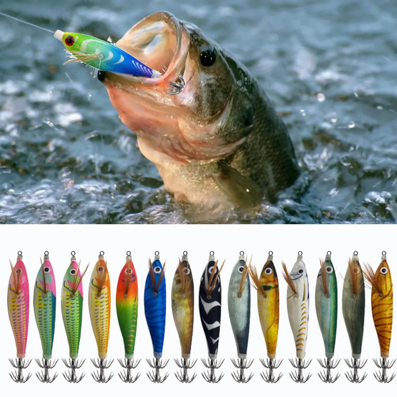 14 Unids Pesca Calamar Señuelo Gancho Calamar Jigging Gancho Camarón Jigs Señuelos de Pesca para Agua Salada y Agua Dulce Cebos Artificiales Duraderos para Pulpos