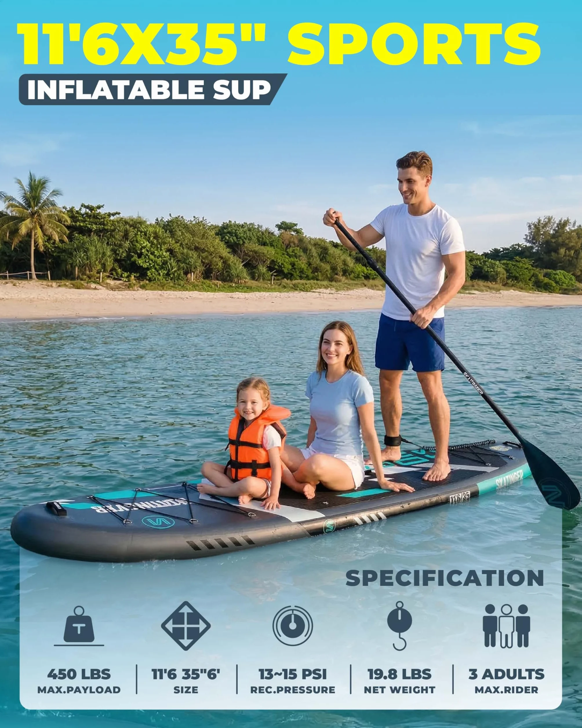 Skatinger Tabla de remo inflable súper ancha de 11 pies 6 x 35 pulgadas, tabla de surf de remo ancha ultra estable para 2 + 1 personas/familia/tamaño grande con correa para el hombro, mochila de 100