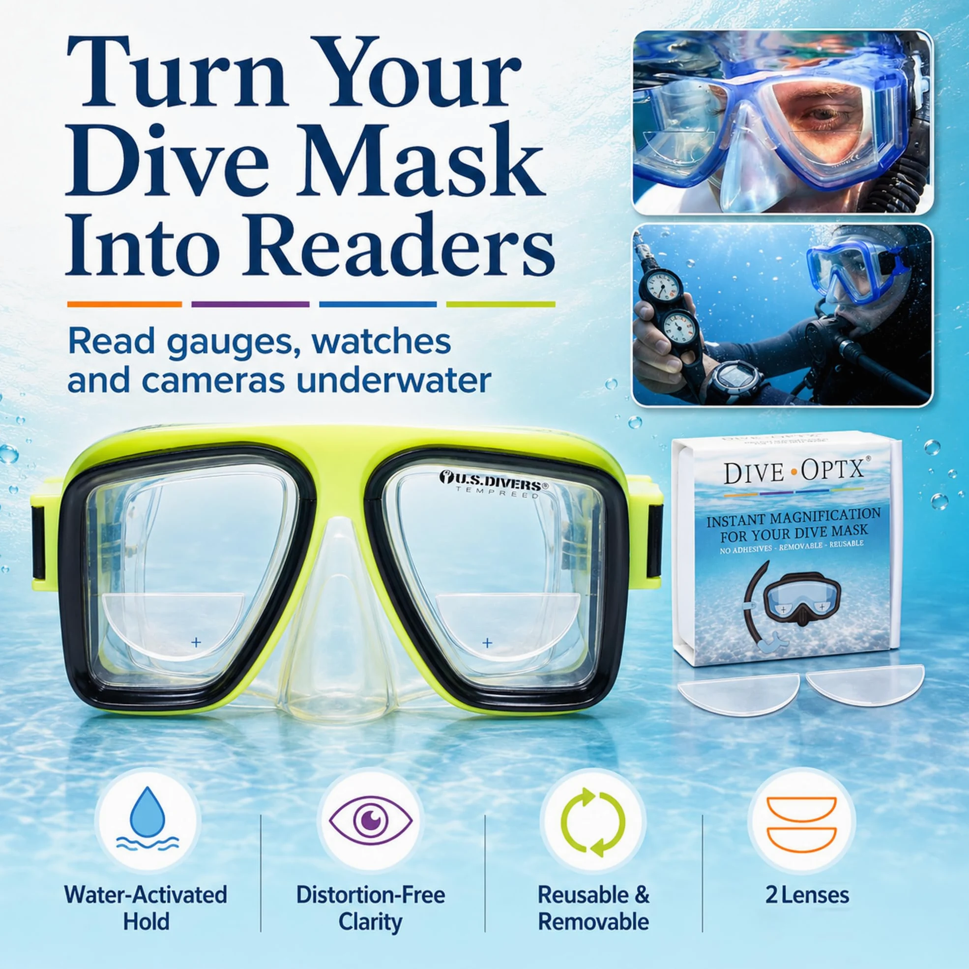 Calabria Hydrotac Dive OPTX - Lentes bifocales adhesivas para máscaras de buceo y gafas de buceo, activadas por agua, lectores reutilizables, Diameter: 1.6 Inches