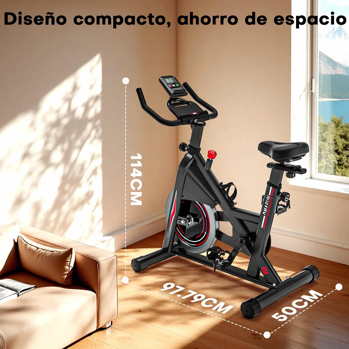 DMASUN Bicicleta Estática en Casa con Resistencia Ajustable, Bicicleta Spinning Silenciosa con Monitor LED, Cómodo Cojín de Asiento, Asientos Cómodos Transpirables Capacidad de 160 KG