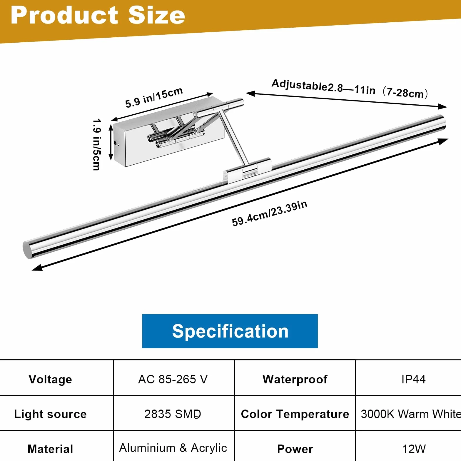 Klighten LED Lámpara de Espejo 60cm 20W 1500LM IP44 3000K Chrome