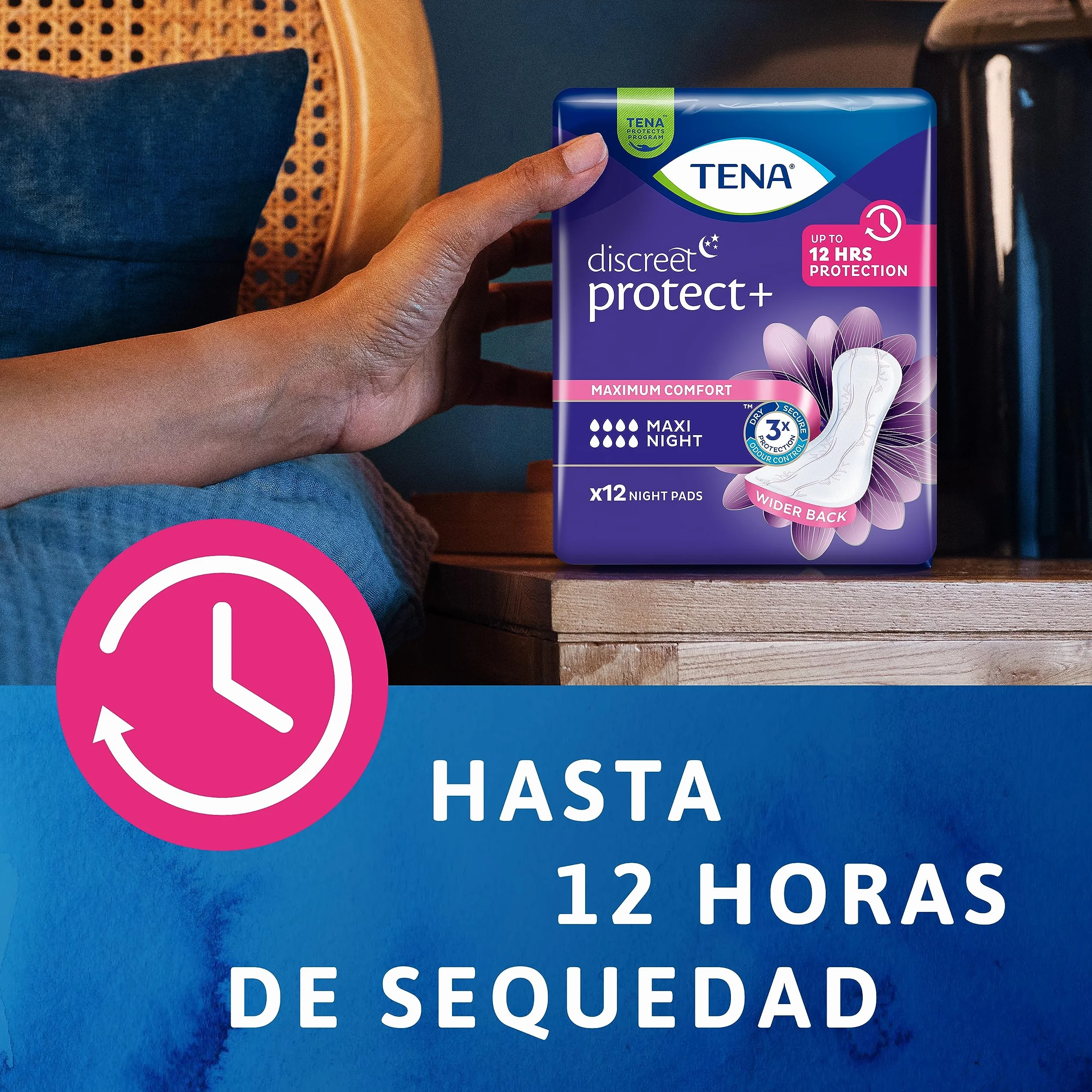 TENA Discreet Protect+ Maxi Night 48 Compresas Nocturnas Mujer Máxima Protección Absorción InstaDRY