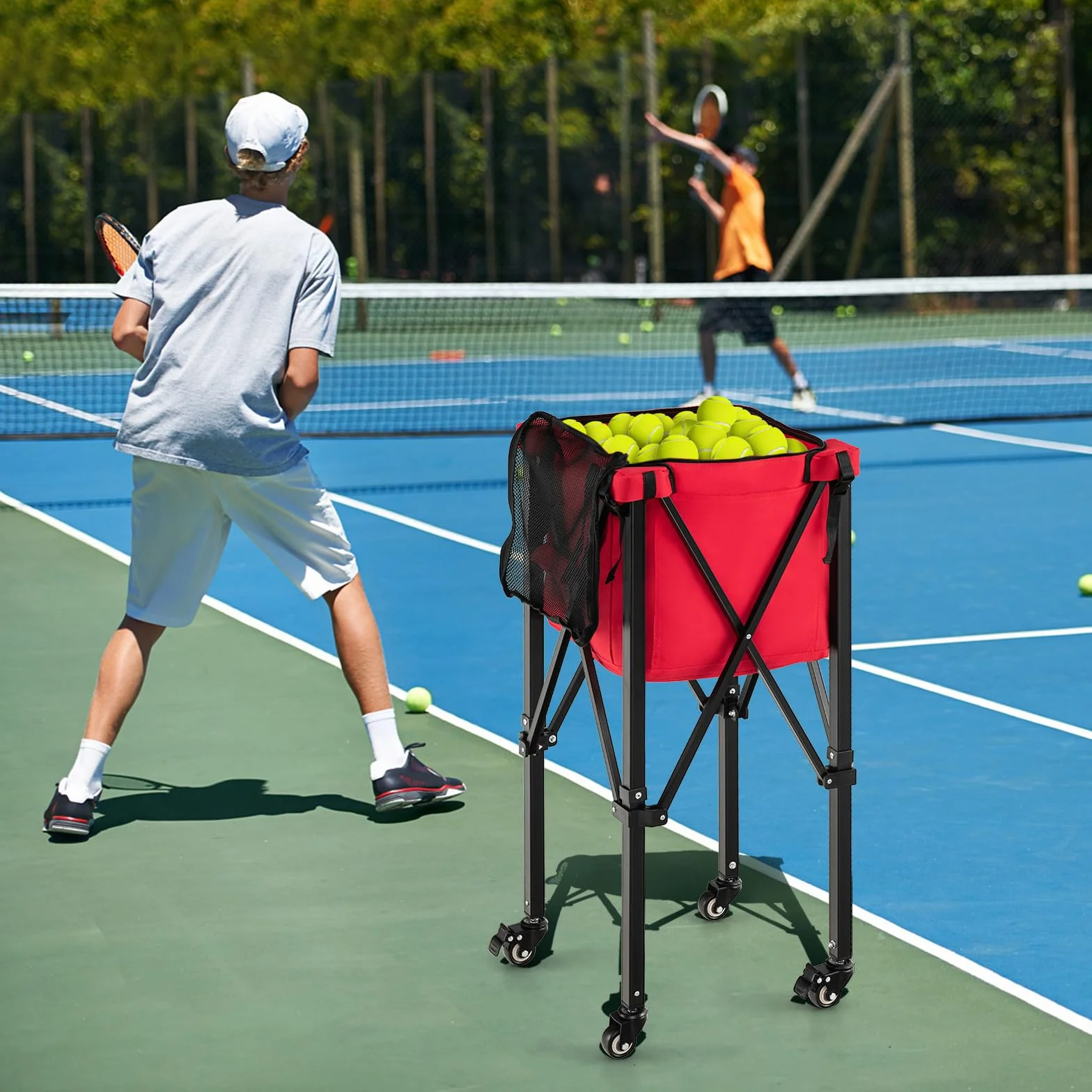 COSTWAY Carro Plegable para Pelotas de Teni, Carrito Recogepelotas, Cesta Ligera de Aluminio con Ruedas para Pelotas de Tenis, Bolsillos Laterales/Bolsa de Transporte,150 Pelotas