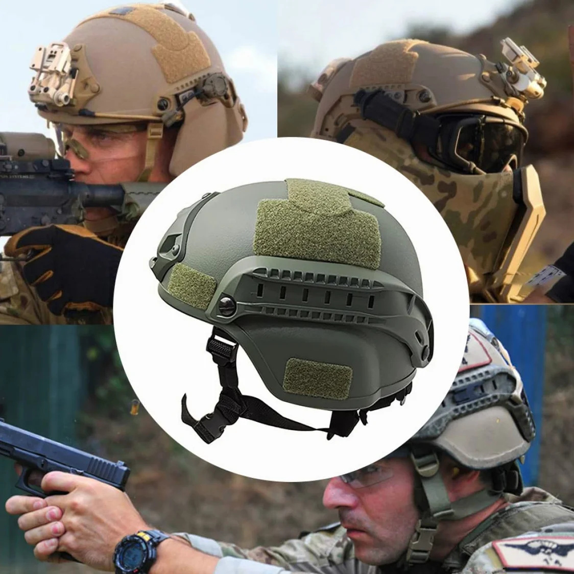 Casco táctico, Casco rápido de Airsoft, Casco Militar Tipo PJ, Casco de Paintball, Lado Ajustable NVG Mount Protective Bump Casco para Caza - 22.05-23.62 Pulgadas/Verde