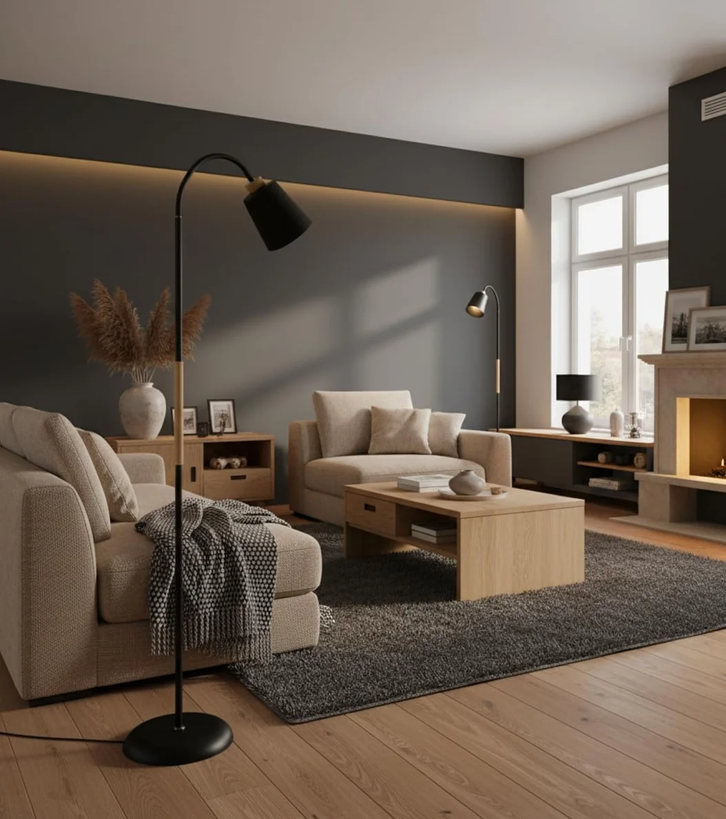 Lámpara de Pie SWEDEN Metal Madera 150cm Acabado Mate Brazo Orientable E27 Iluminación Escandinava Negro