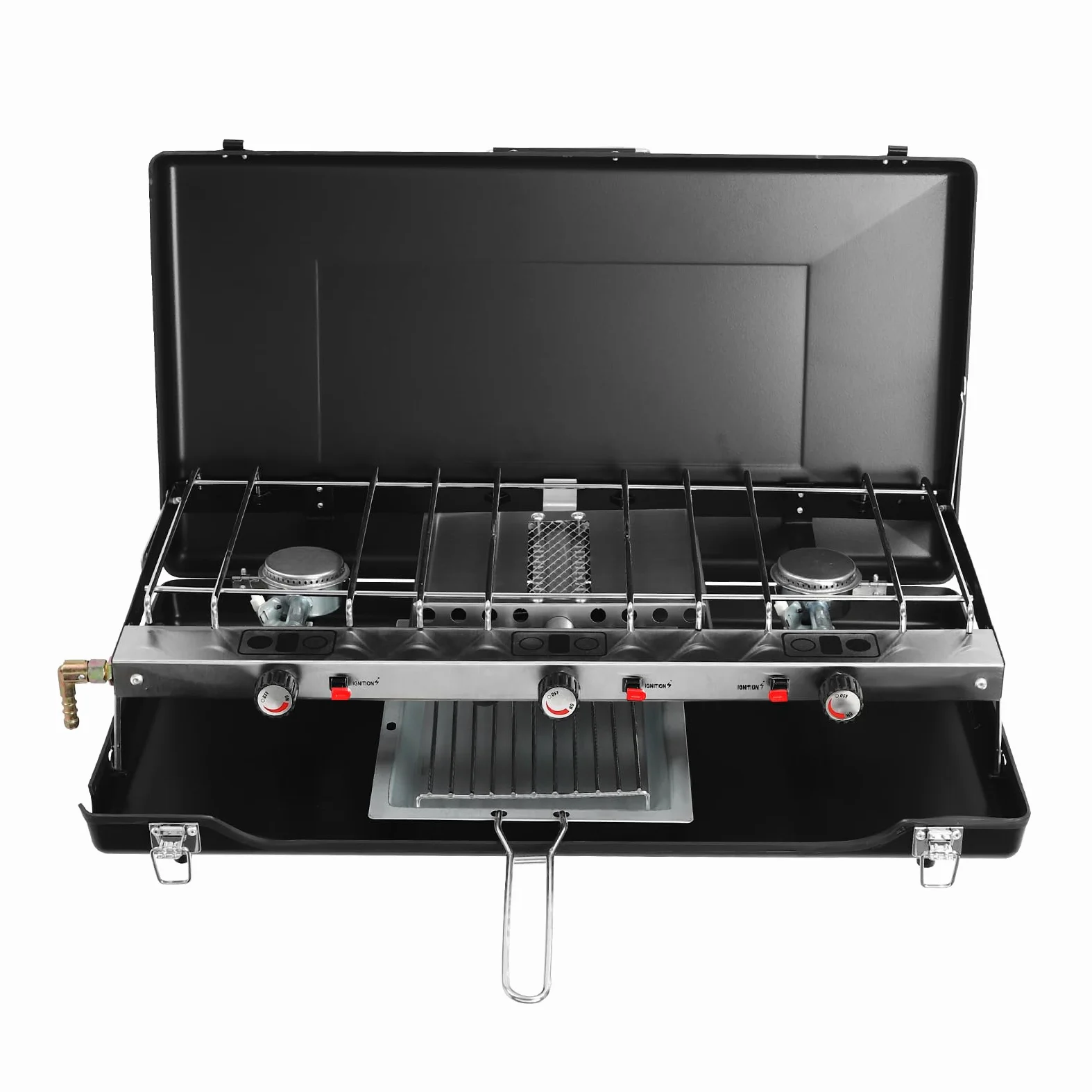 Hornillo de camping plegable con 3 quemadores y 4,5 kW de potencia total, hornillo de gas portátil con encendido piezoeléctrico y tapa como protección contra el viento, barbacoa de camping para