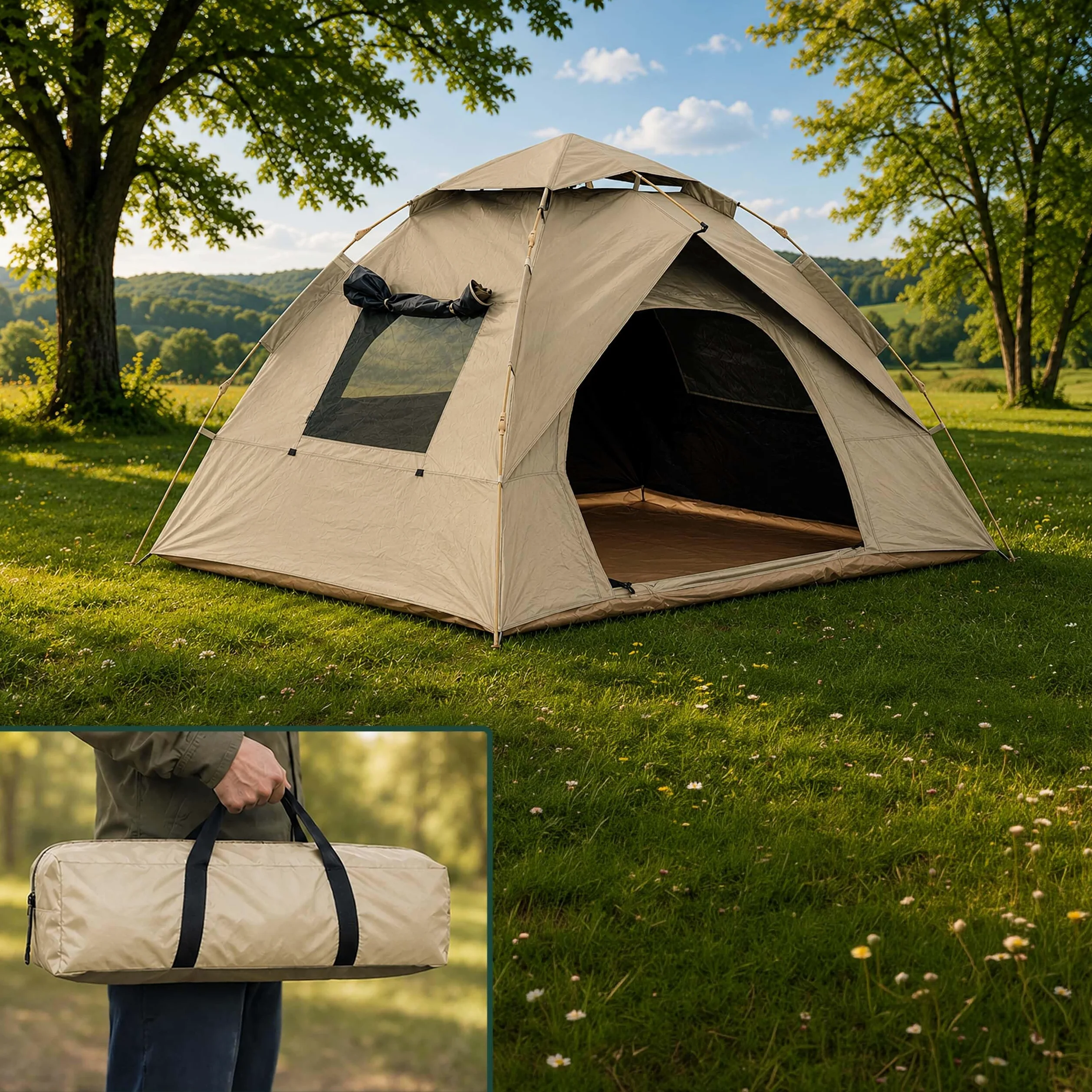 Relaxdays Tienda para 3-4 Personas, Montaje rápido y automático, Beige | protección UV, mosquitera, 145×200×220 cm