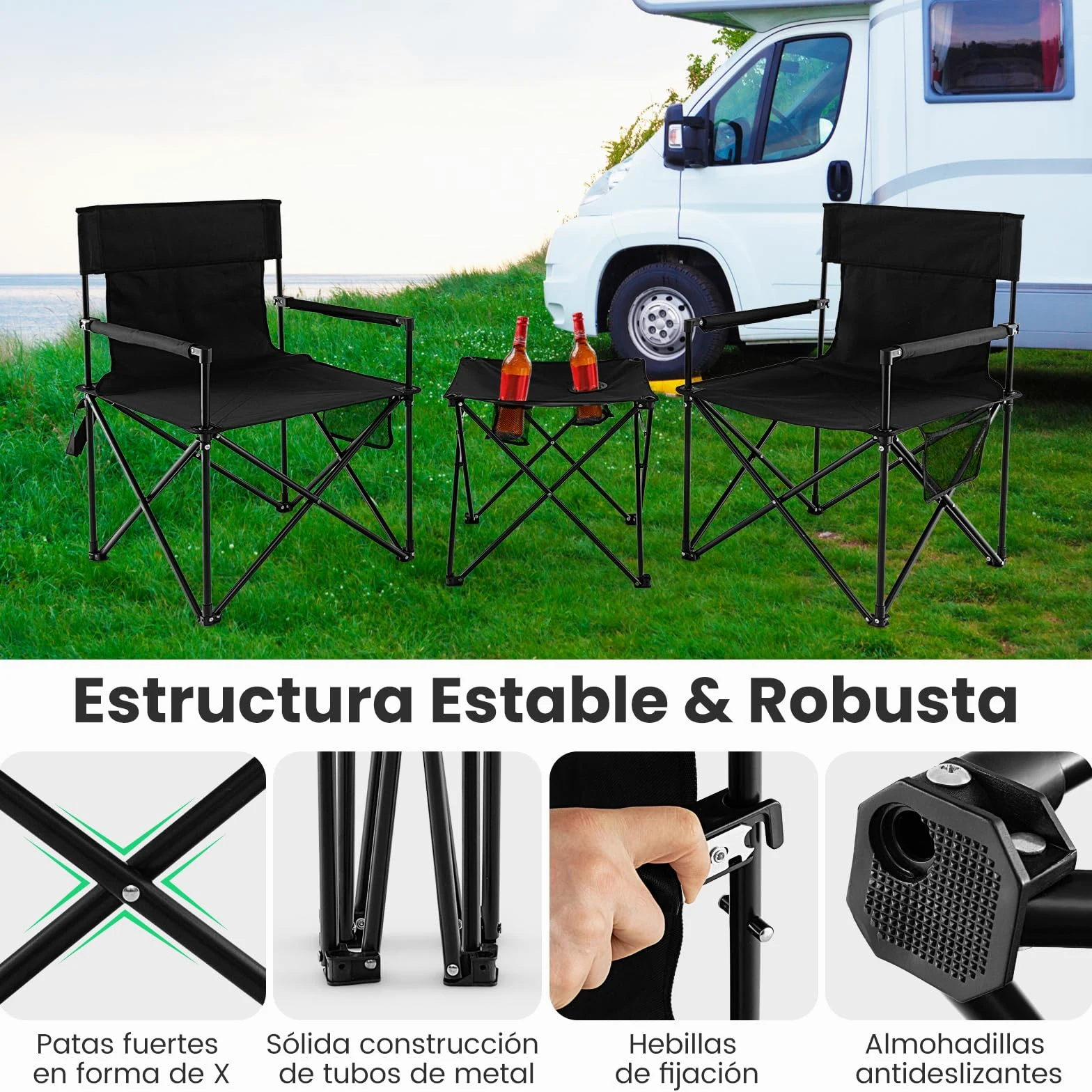 COSTWAY Juego de Sillas Camping Plegable y Mesa, 2 Sillas Camping Portátil y Mesa Auxiliar con 2 Portavasos, Bolsa de Transporte, Pesca, Picnic, Barbacoa, Negro
