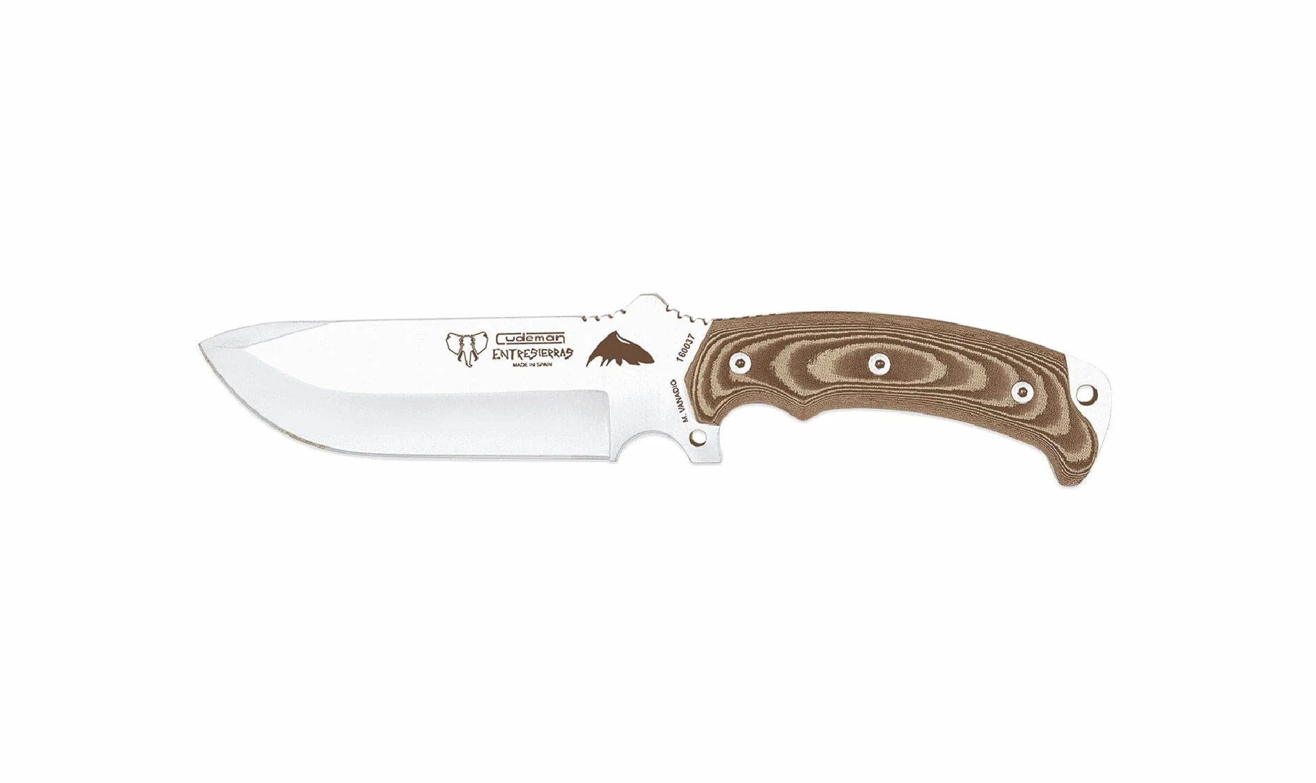Cudeman Cuchillo 155-X Entresierras + Kit completo supervivencia hoja de acero inoxidable ACX-380 de 16 cm empuñadura de micarta marrón de 11 cm para caza, pesca, supervivencia y bushcraft
