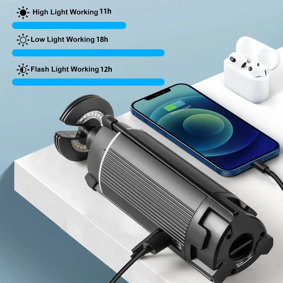 Linterna de camping LED telescópica, luz de camping portátil recargable USB, 3 modos de iluminación linterna LED fuerte al aire libre, luz de trabajo LED 10800 mah con soporte, para acampar al aire li