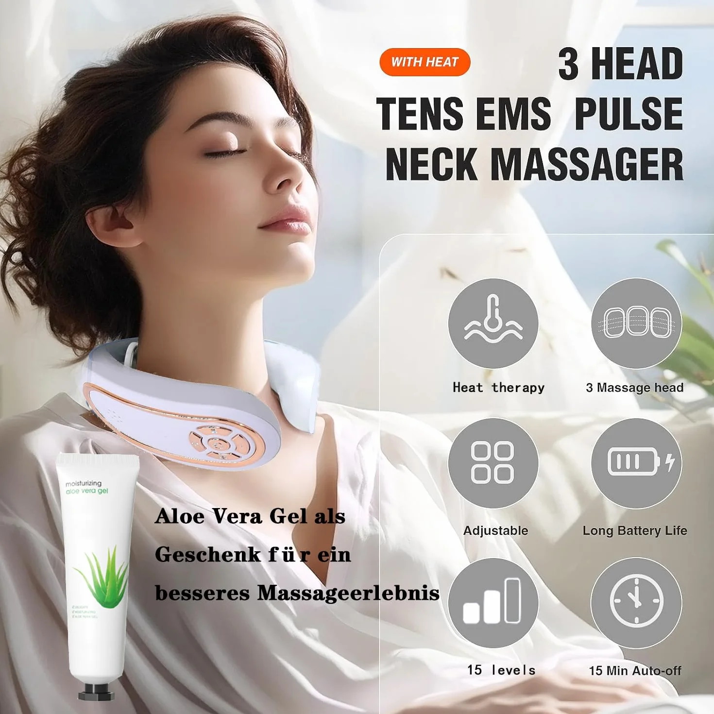 Masajeador Cuello Cervical Eléctrico Portátil, 3 Niveles Calefacción, 4 Modos Masaje, 15 Niveles Intensidad