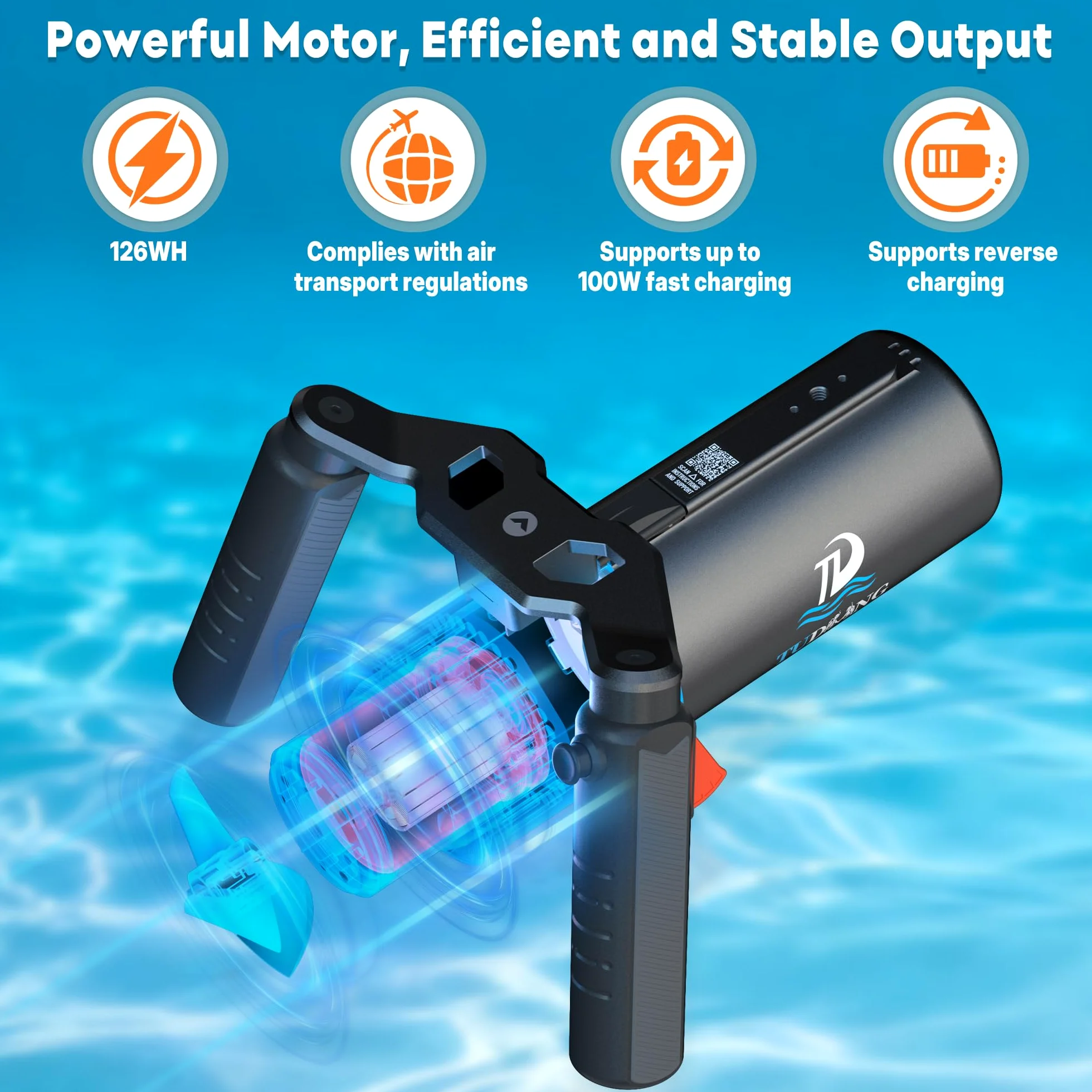 TUDIVING - Propulsión subacuática mejorada | Duración de la batería de 1 hora | Batería extraíble | IPX8 impermeable | Resistente al agua hasta 60 m | Scooter submarino con soporte de cámara de acción