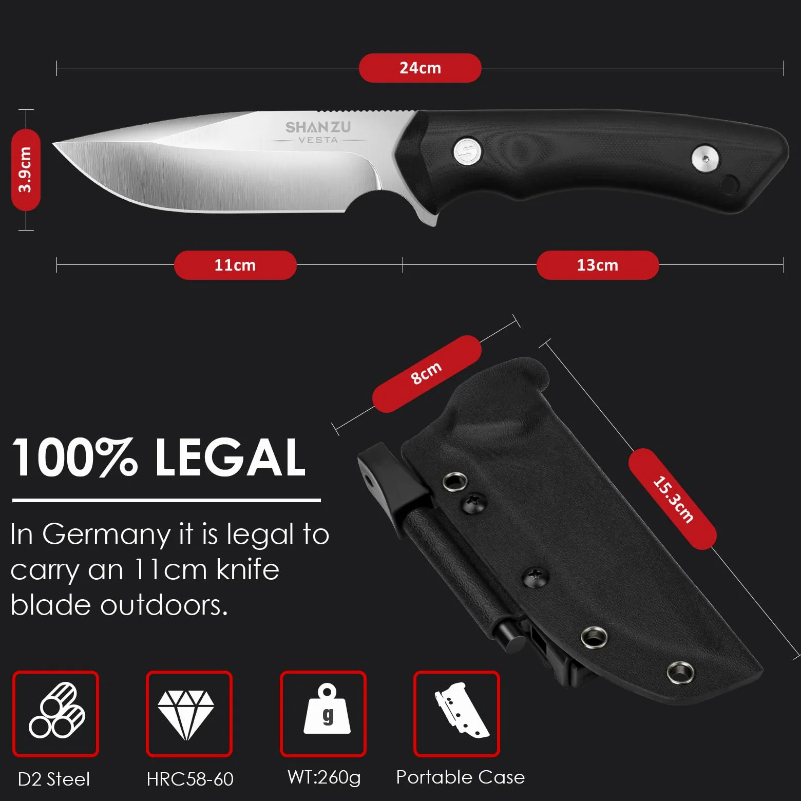 SHAN ZU Cuchillo Supervivencia D2 11cm Plateado Funda Kydex y Pedernal | Hoja Fija, Mango Ergonómico Antideslizante para Camping, Caza y Outdoor, Filo Duradero, Ligero, Compacto y Resistente