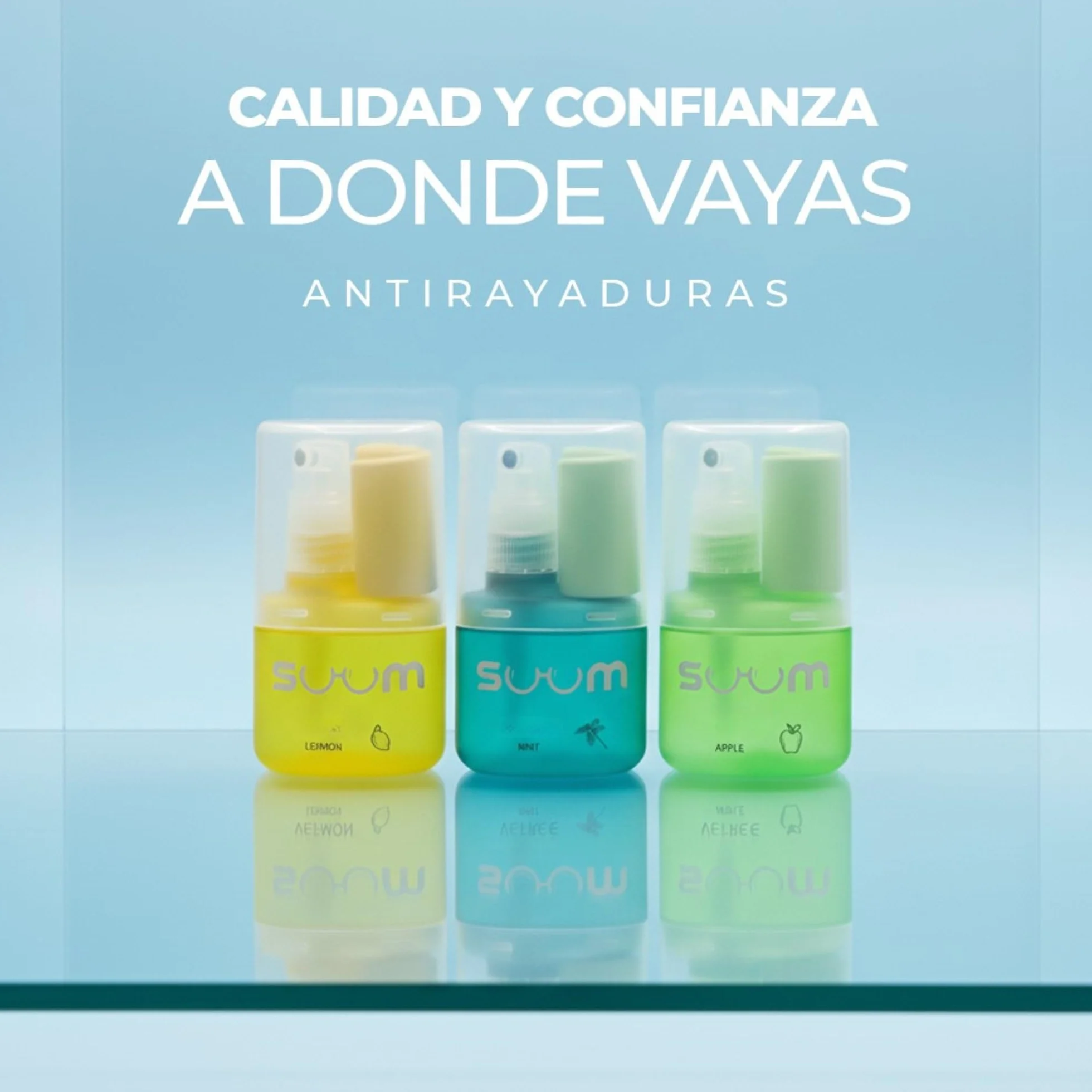 SUUM Pack 3 Spray Limpiador de Gafas con Paño de Microfibra - Limpia Lentes sin Vaho para Cristales y Pantallas (Menta, Limón y Manzana)