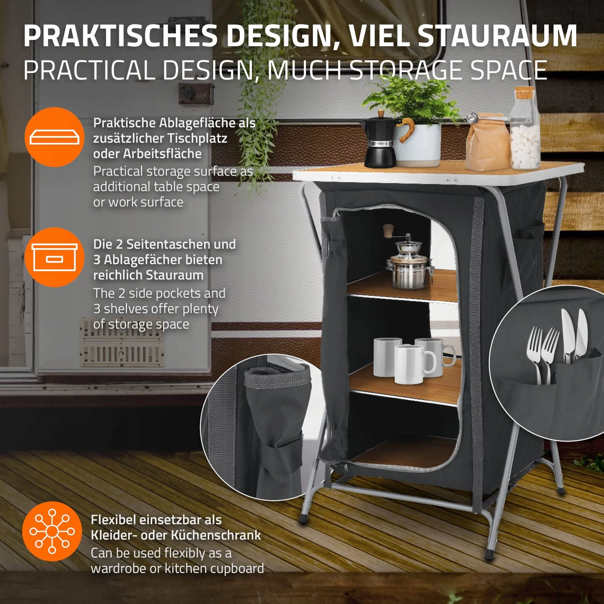 ECD Germany Armario de camping plegable, color gris y madera, 64 x 97,5 cm, con estructura de aluminio, caja de cocina portátil con encimera, 2/3 estantes y bolsa de transporte, armario plegable de tela