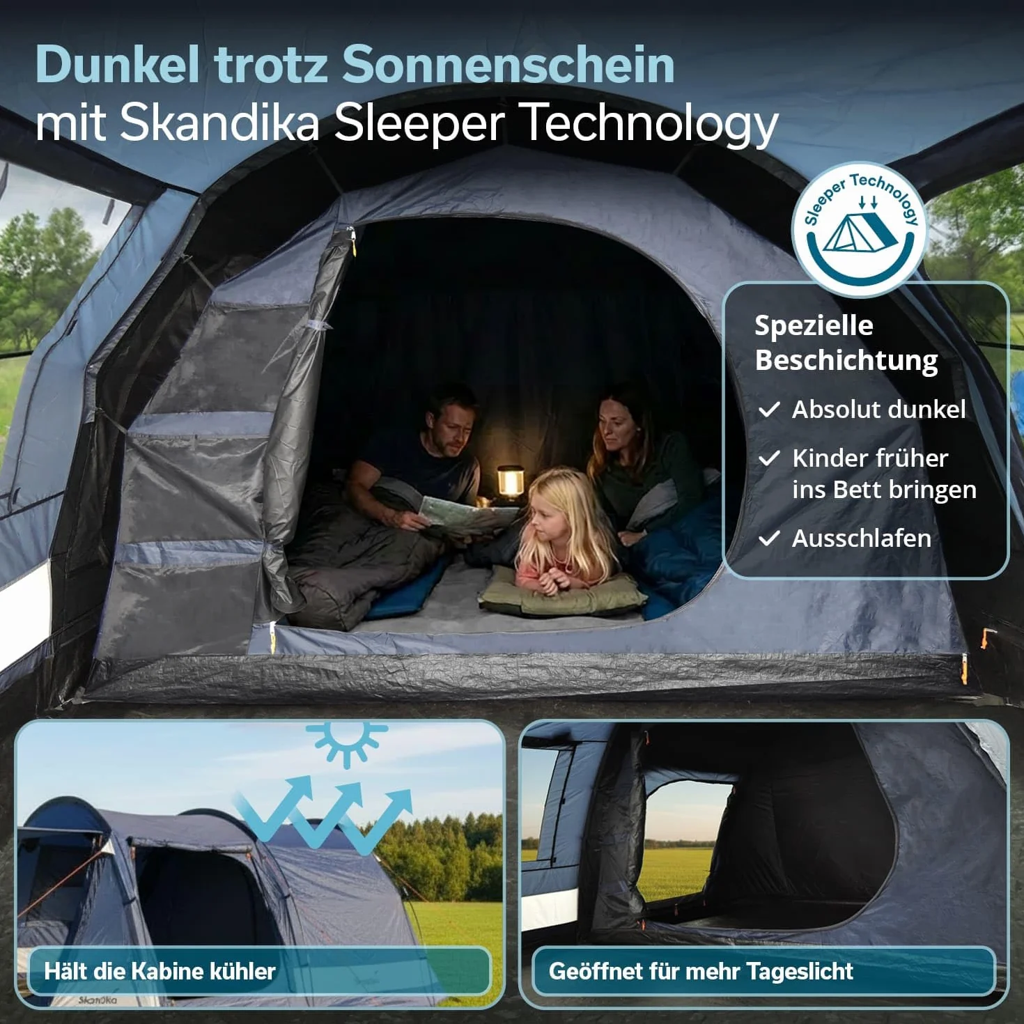Skandika Tienda de campaña Tipo túnel Kambo Sleeper Protect | para 3/4 Personas - Suelo Cosido - Columna de Agua de 3000 mm - 3 entradas - toldo
