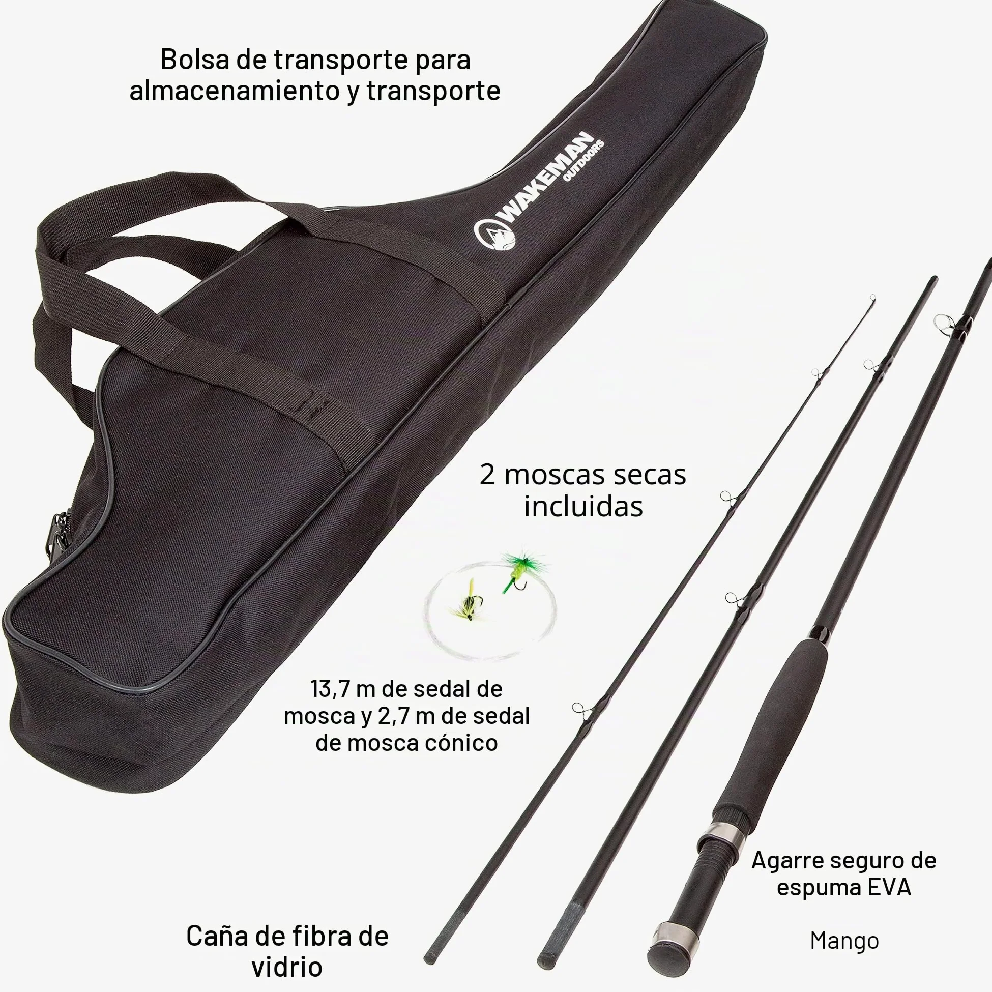 Combo de caña de Pescar con Mosca y Carrete, Incluye Funda de Transporte, Moscas y sedal, Equipo y Accesorios de la Serie Charter de Wakeman (Negro)