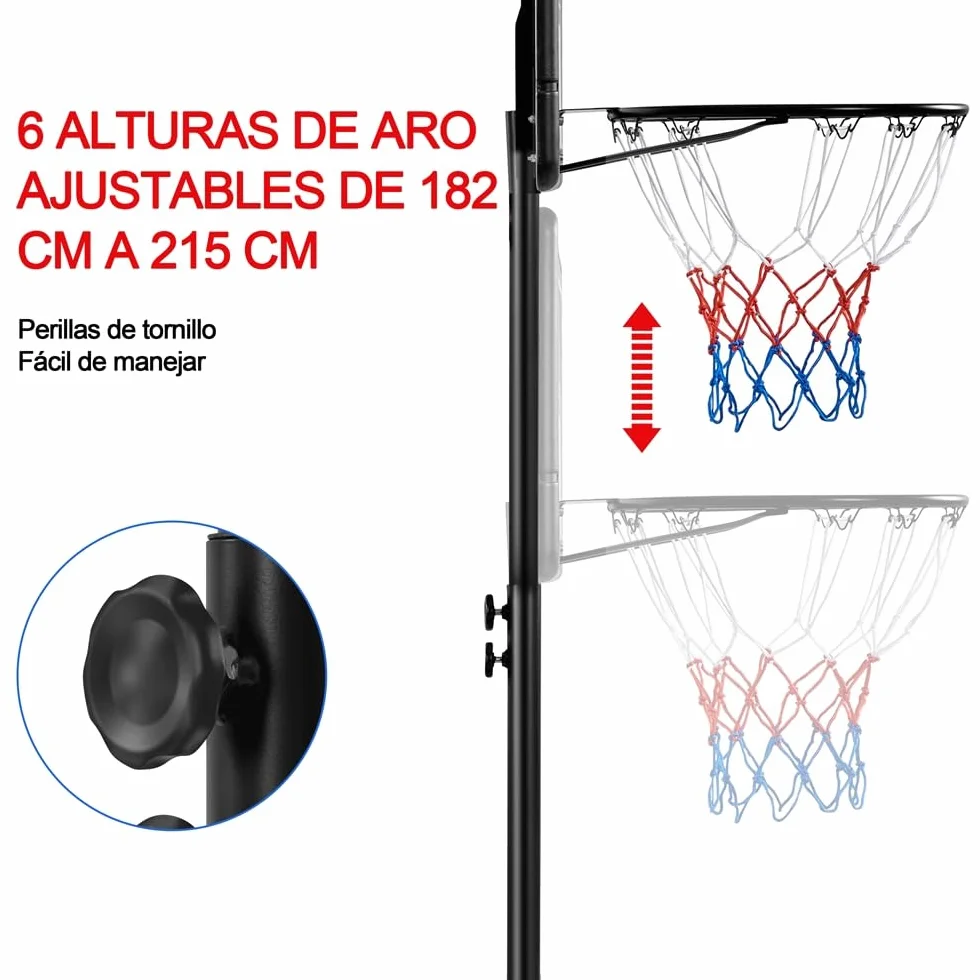 Yaheetech Cesta de Baloncesto Exteriores Portátil Ajustable Altura 219-249/234-264 cm con Pie Ruedas Base Lastre Panel Trasero Resistente Negro