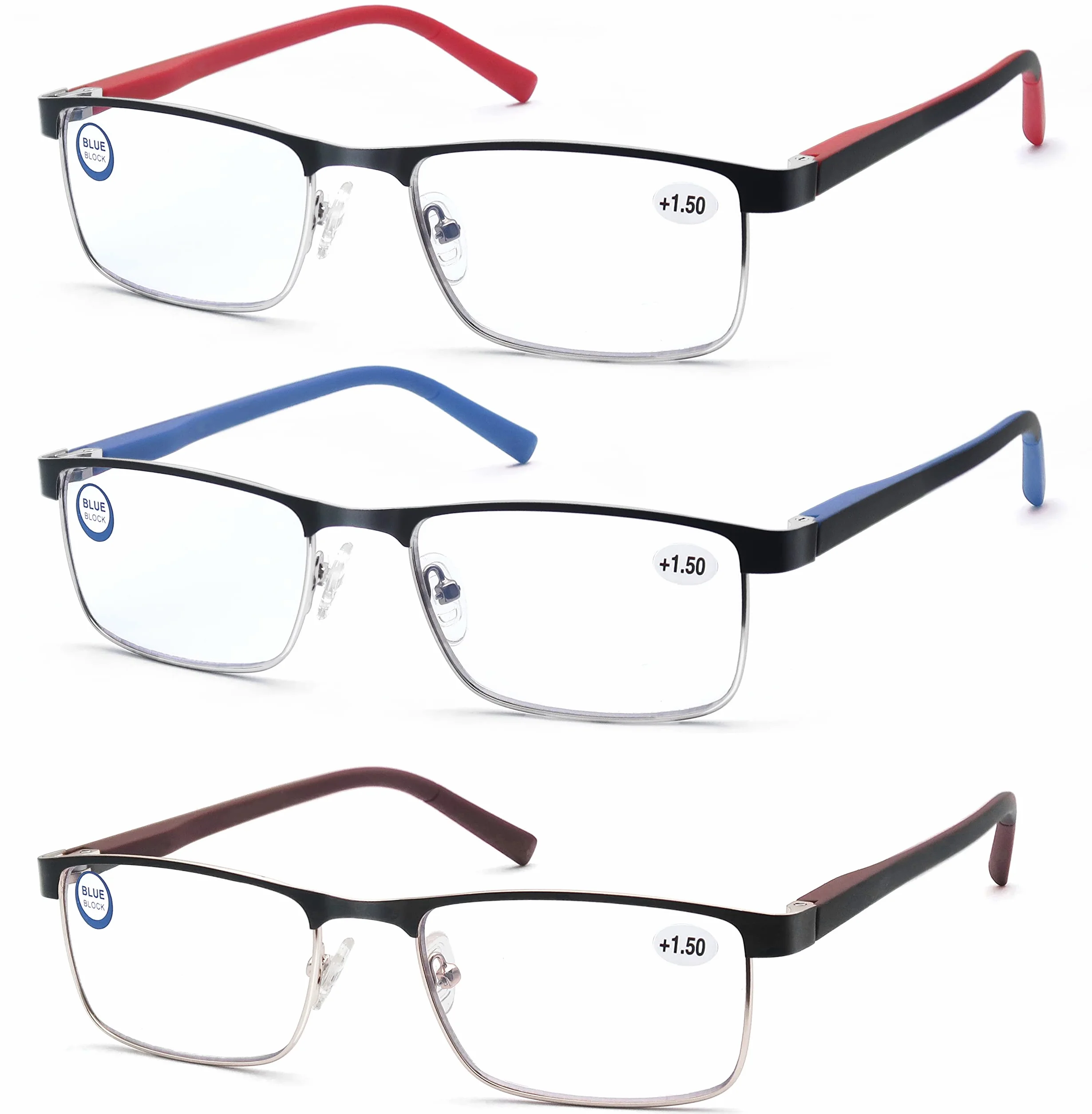 MODFANS Pack de 3 Gafas de Lectura Anti Luz Azul Rectangular Metal Acero Inoxidable Lente Clara