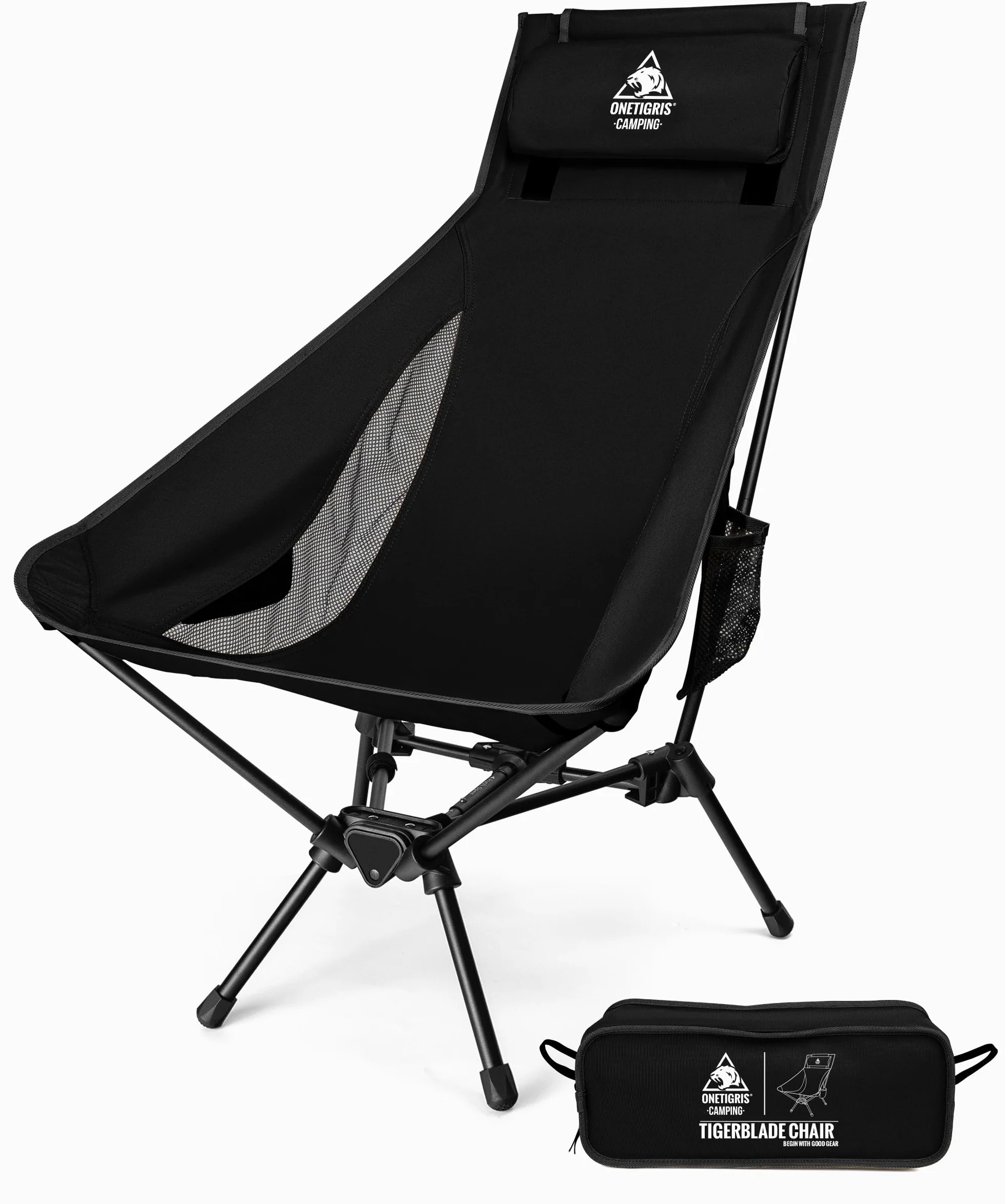 OneTigris TIGERBLADE Silla de camping plegable con respaldo alto, 170 kg, silla plegable para camping, ligera, marco triangular, silla plegable con 2 bolsillos laterales, silla plegable ultraligera