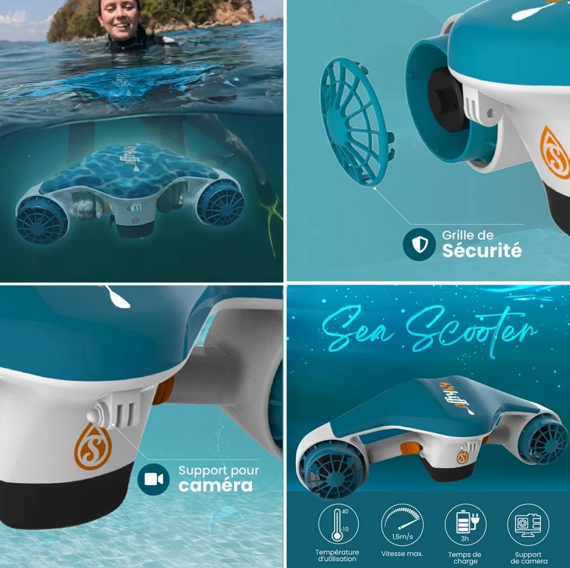 Pack Sea Scooter con 1 batería integrada, máscara y bolsa impermeable, autonomía de 35 minutos, motor de 500 W, velocidad de 1,5 m/s