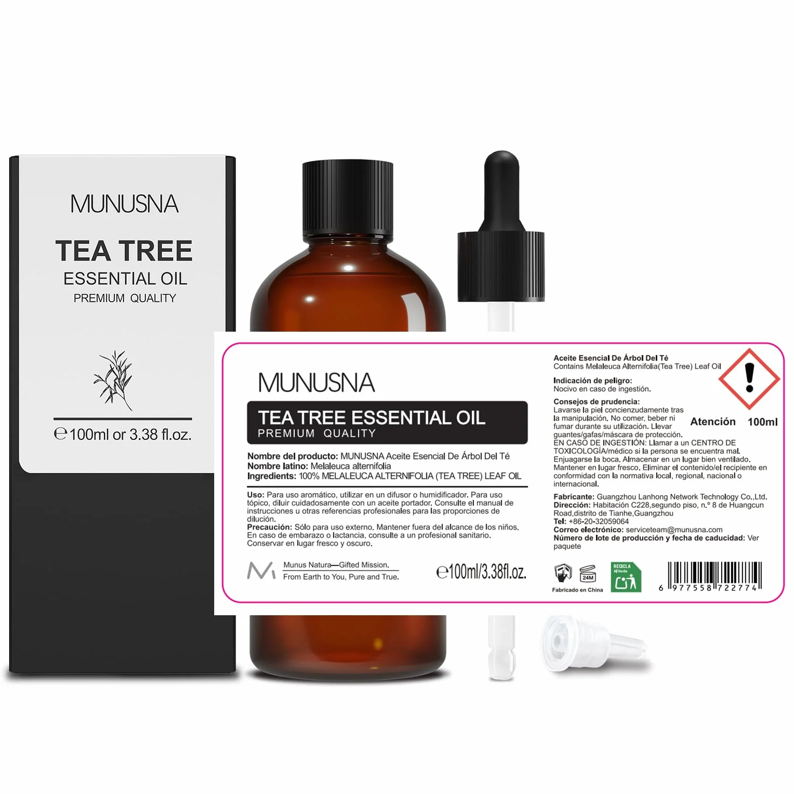 MUNUSNA Aceite Esencial de Árbol de Té 100% Puro 100ml para Puntos Negros, Granos, Cabello y Uñas