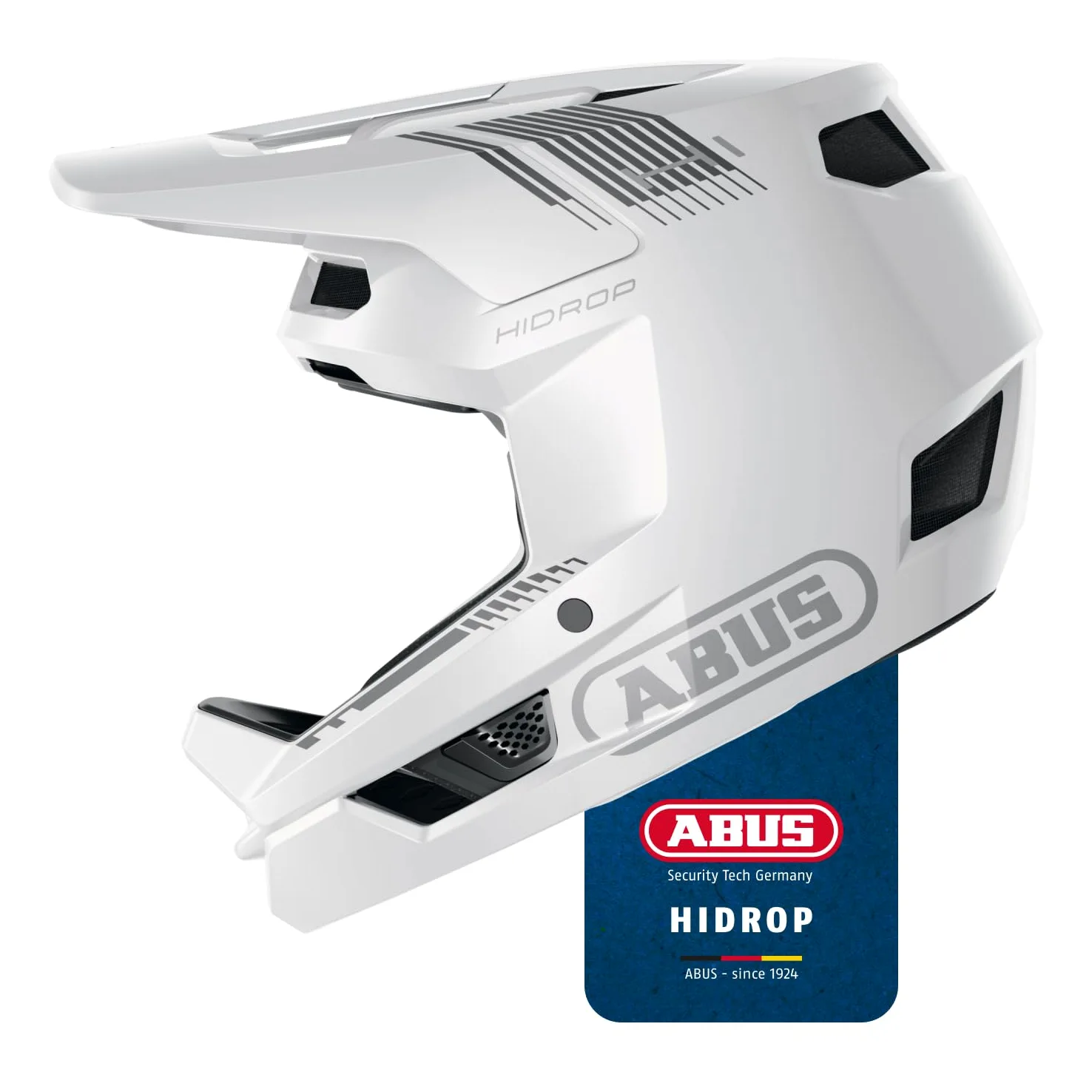 ABUS Casco Downhill HiDrop, Fullface, Alpine White, Talla L | Casco de bicicleta certificado ASTM con carcasa ABS para MTB, Downhill, Enduro y Bikepark