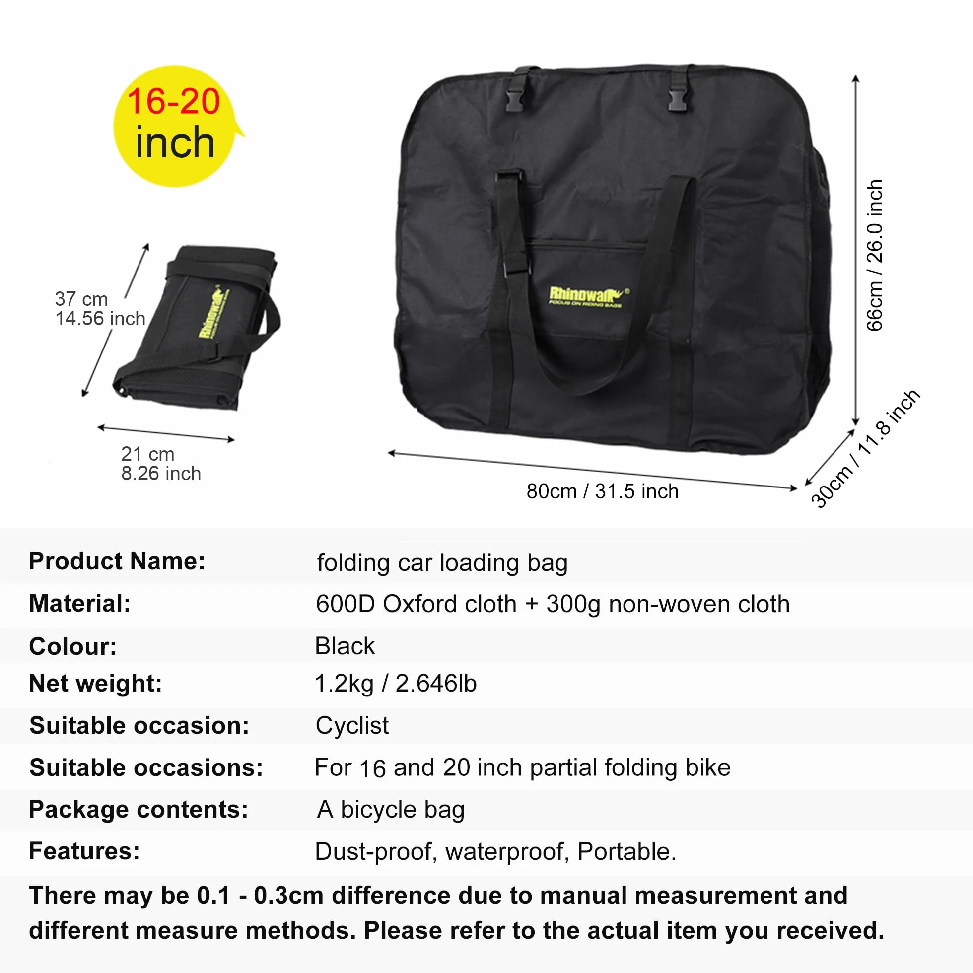Rhinowalk Bolsa Plegable para Bicicleta de 20/26 Pulgadas, Impermeable, Bolsa de Transporte para Coches, Tren y Viajes (Negro 20 Pulgadas)