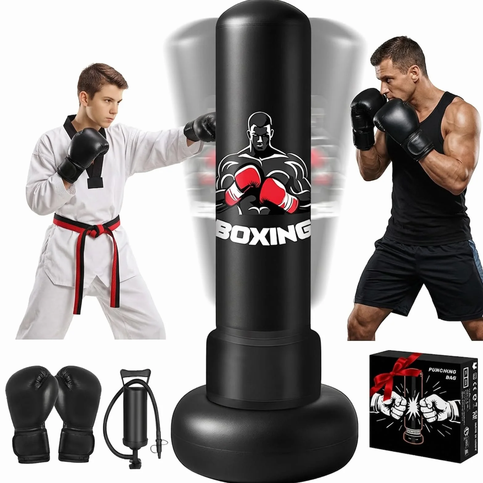 Saco de Boxeo Adulto 180cm Inflable de Pie con Guantes y Bomba Punching Bag de PVC Reforzado para Karate Kickboxing Taekwondo Saco Boxeo Pie para Entrenamiento en Casa