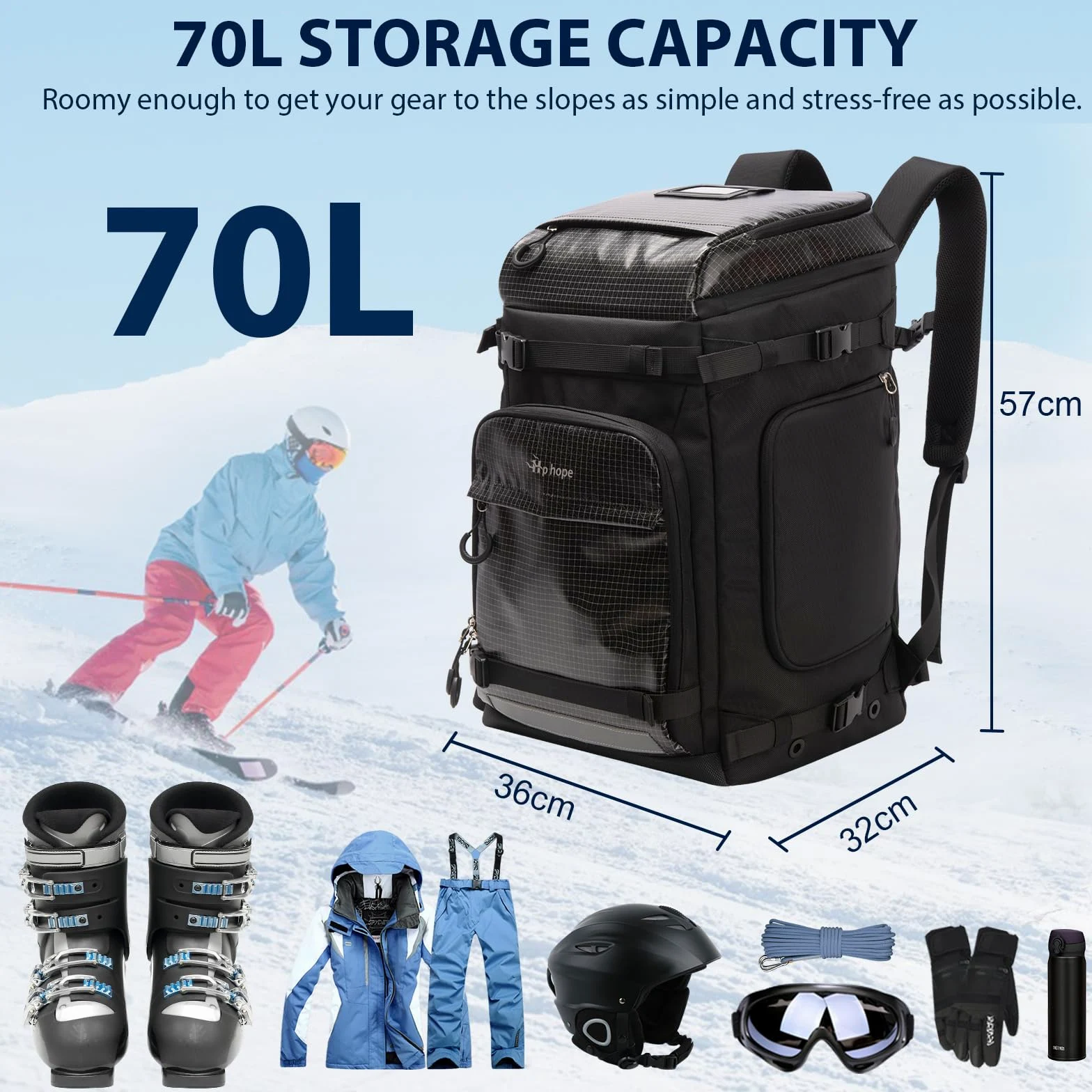 Hp hope Bolsa para botas de esquí con compartimento para casco, mochila de esquí con bolsa para casco, bolsa de esquí para casco de esquí, botas de esquí, patines, snowboard, mochila, senderismo