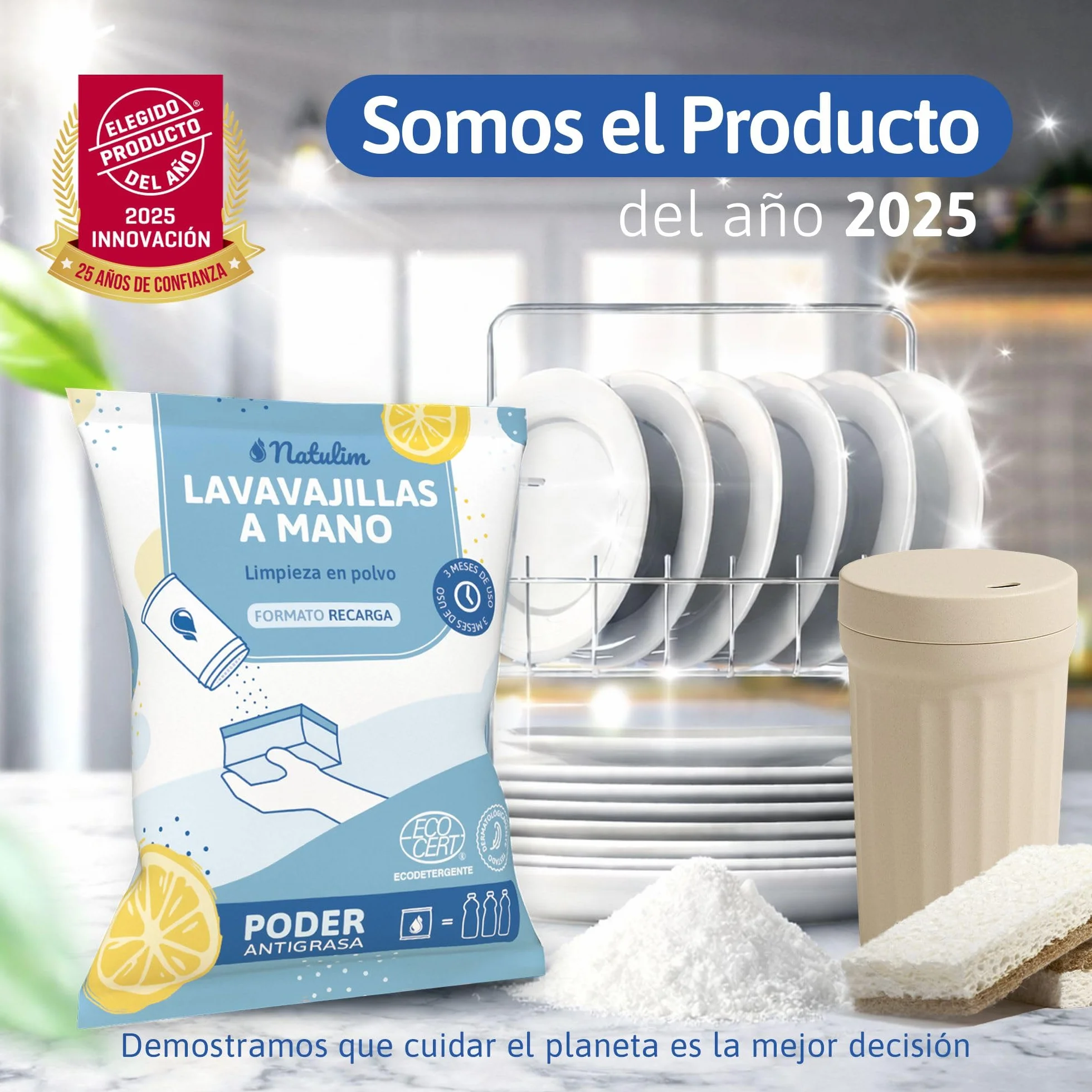 Natulim Pack Lavavajillas a Mano 250g con Dispensador Reutilizable, 2 Esponjas y Sobrecito