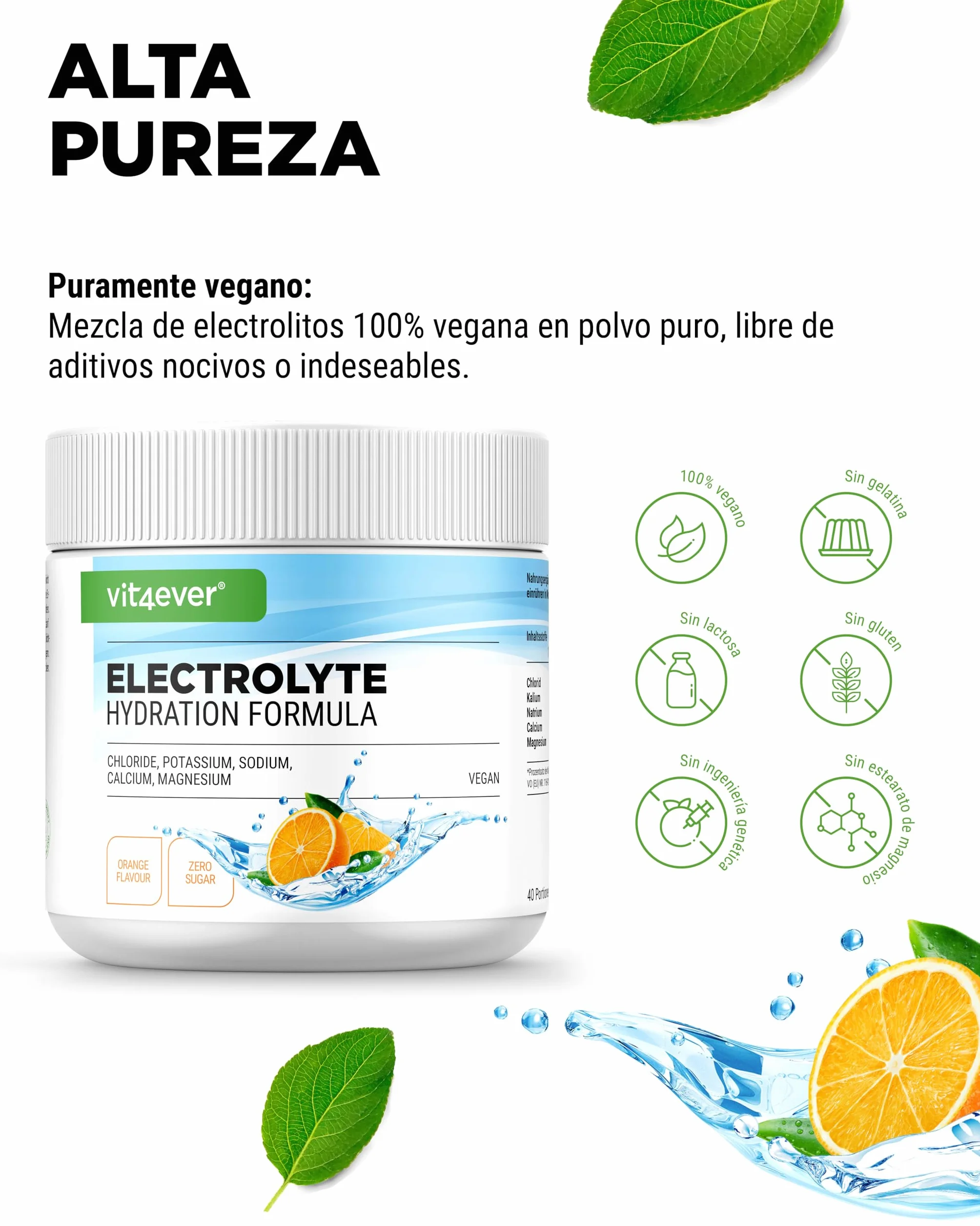 vit4ever Electrolitos 200 g 40 Porciones Fórmula de Hidratación Sin Azúcar Vegano Sabor Naranja