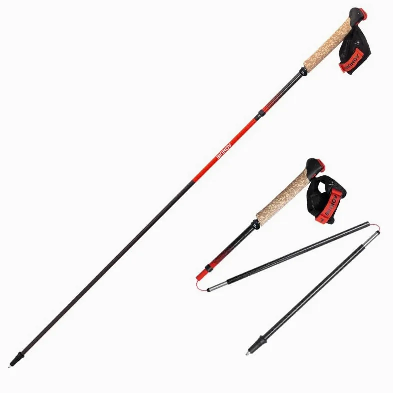 Bastones de trekking plegables, AONIJIE, Canbo Fibra Ligera, Bastones de Senderismo Para Caminar Correr Bastones con Mango Absorbente (Rojo, 110 cm)