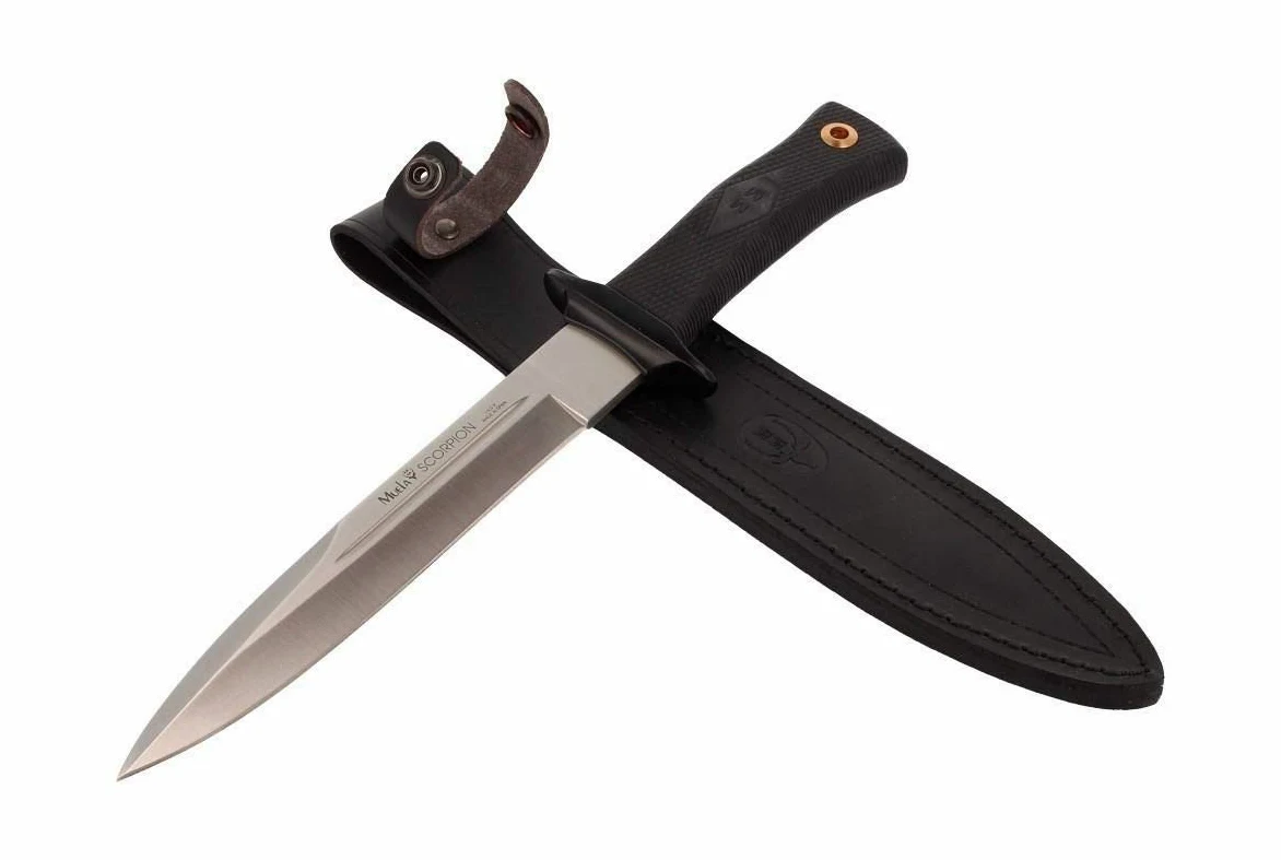 Muela Cuchillo SCORPION-19W hoja de acero ACX-380 de 19 cm y empuñadura de goma para Caza, Pesca, Supervivencia y Bushcraft Realizado en Ciudad Real + Portabotellas de regalo