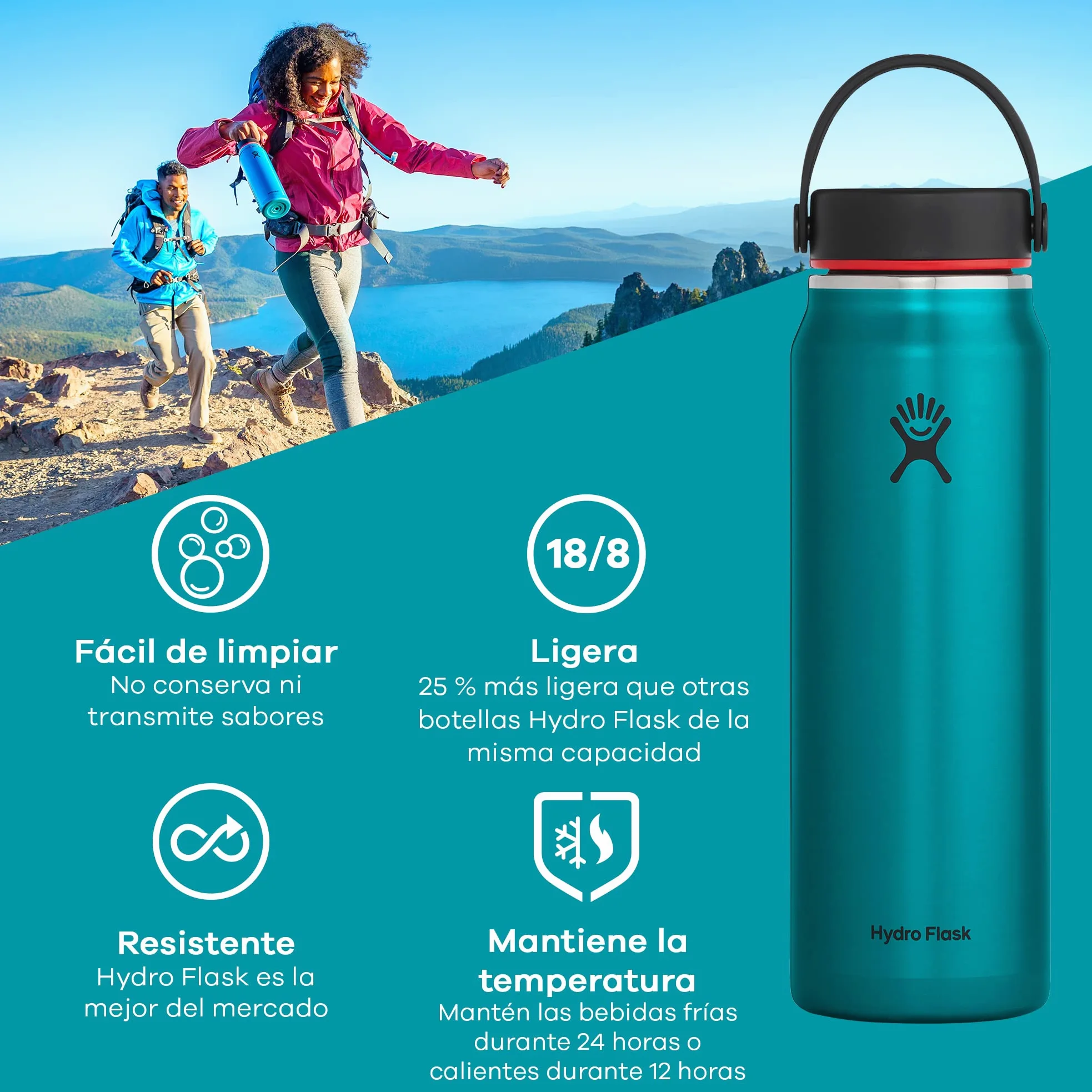 Hydro Flask - Trail series - Botella Isotérmica Ligera 621 ml (21 oz) - Botella Reutilizable de Acero Inoxidable y Aislamiento al Vacío con Tapón Flex Hermético - Wide Mouth - Obsidian