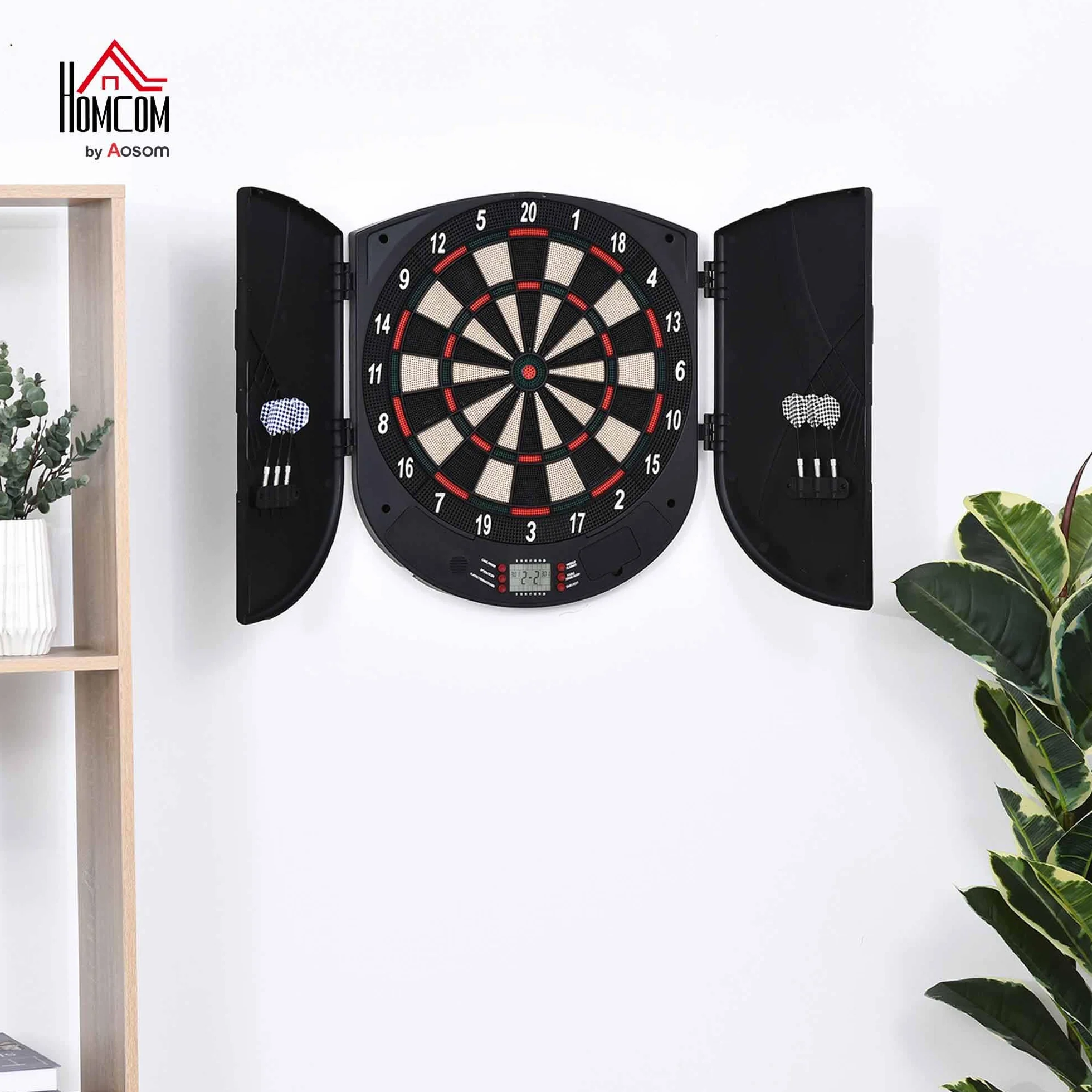 HOMCOM Diana Electrónica Digital Diana con 6 Dardos hasta 8 Jugadores Marcador Puertas Laterales Pantalla LCD y 26 Juegos 44x4,4x50 cm Negro