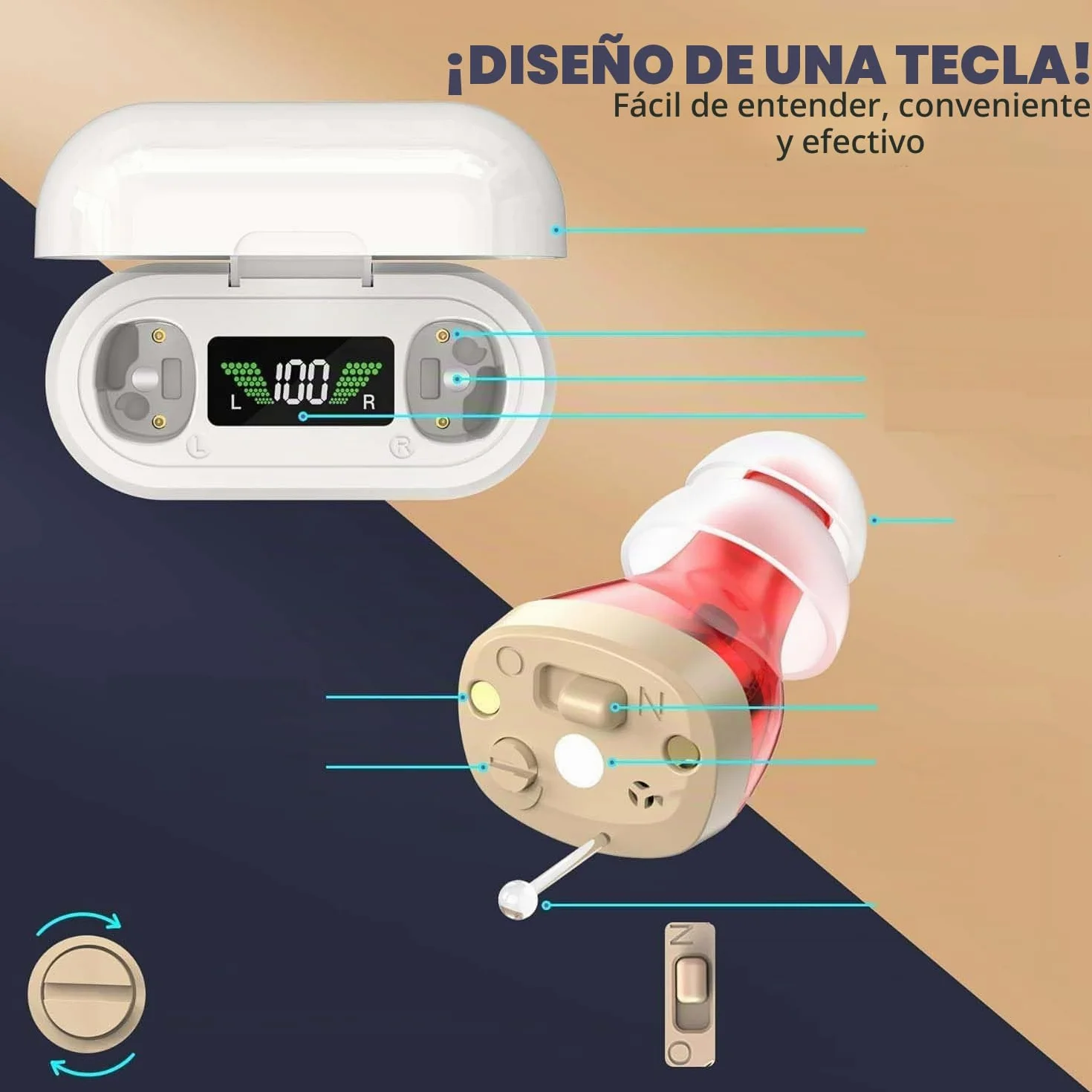 PSAP Intra-Ear CIC Recargable para Personas Mayores, Reducción Inteligente de Sonido