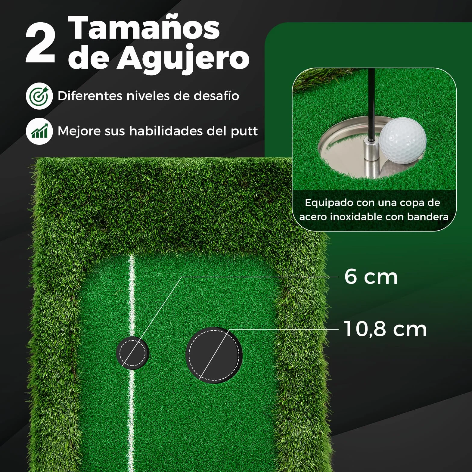 COSTWAY Alfombra de Práctica de Golf 300 CM, Césped Artificial, 3 Pelotas de Golf y 2 Tamaños de Hoyos, Tapete de GOF, Interiores Exteriores Hogar Oficina Jardín y Patio