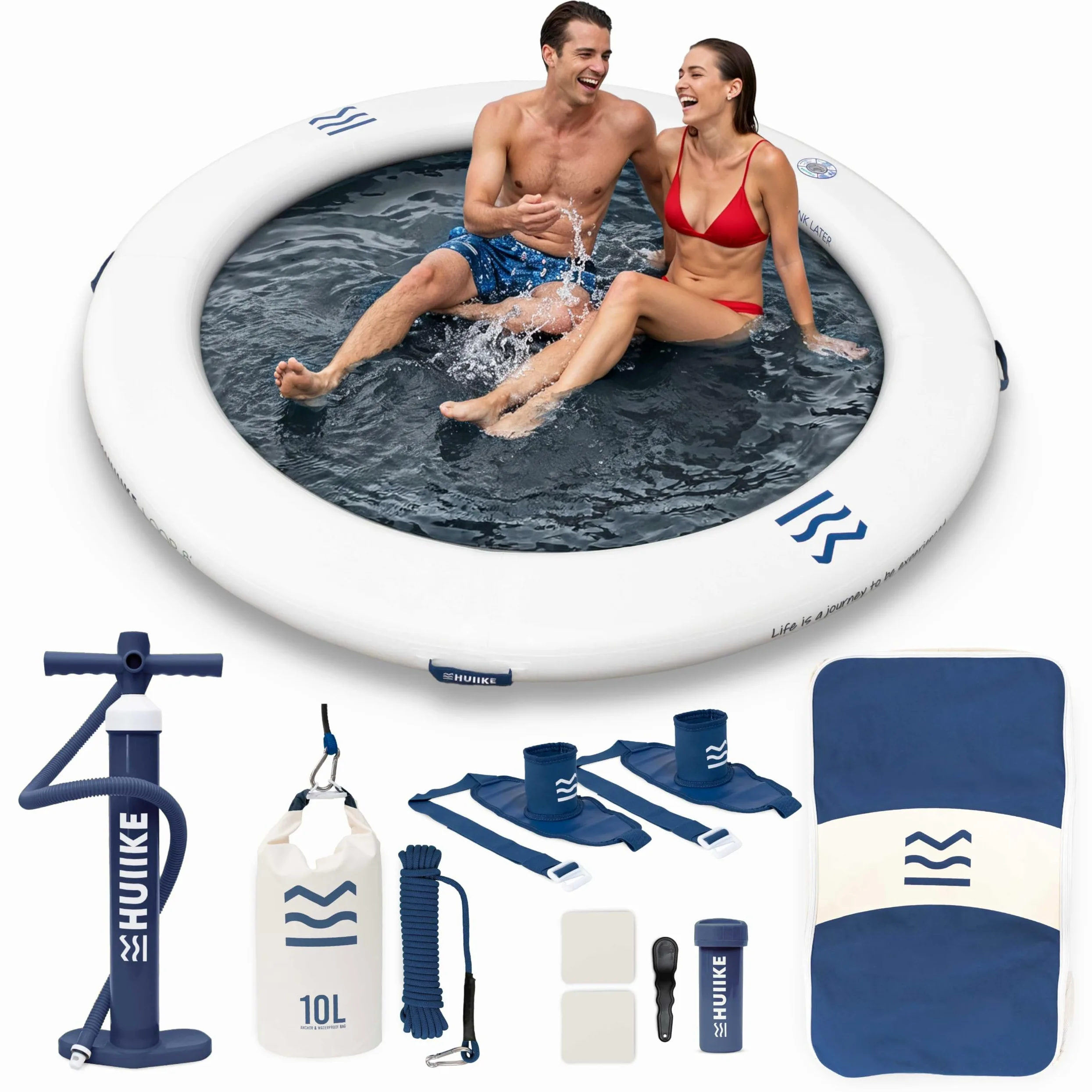 HUIIKE Anillo Hinchable 4 o 6 Personas, 280 o 500 kg, con Accesorios | Loop de 2,44 m o 3,05 m para Adultos y Niños. Plataforma Flotante con Inflador, Ancla de Arena, 2 Soportes Bebida y Mochila
