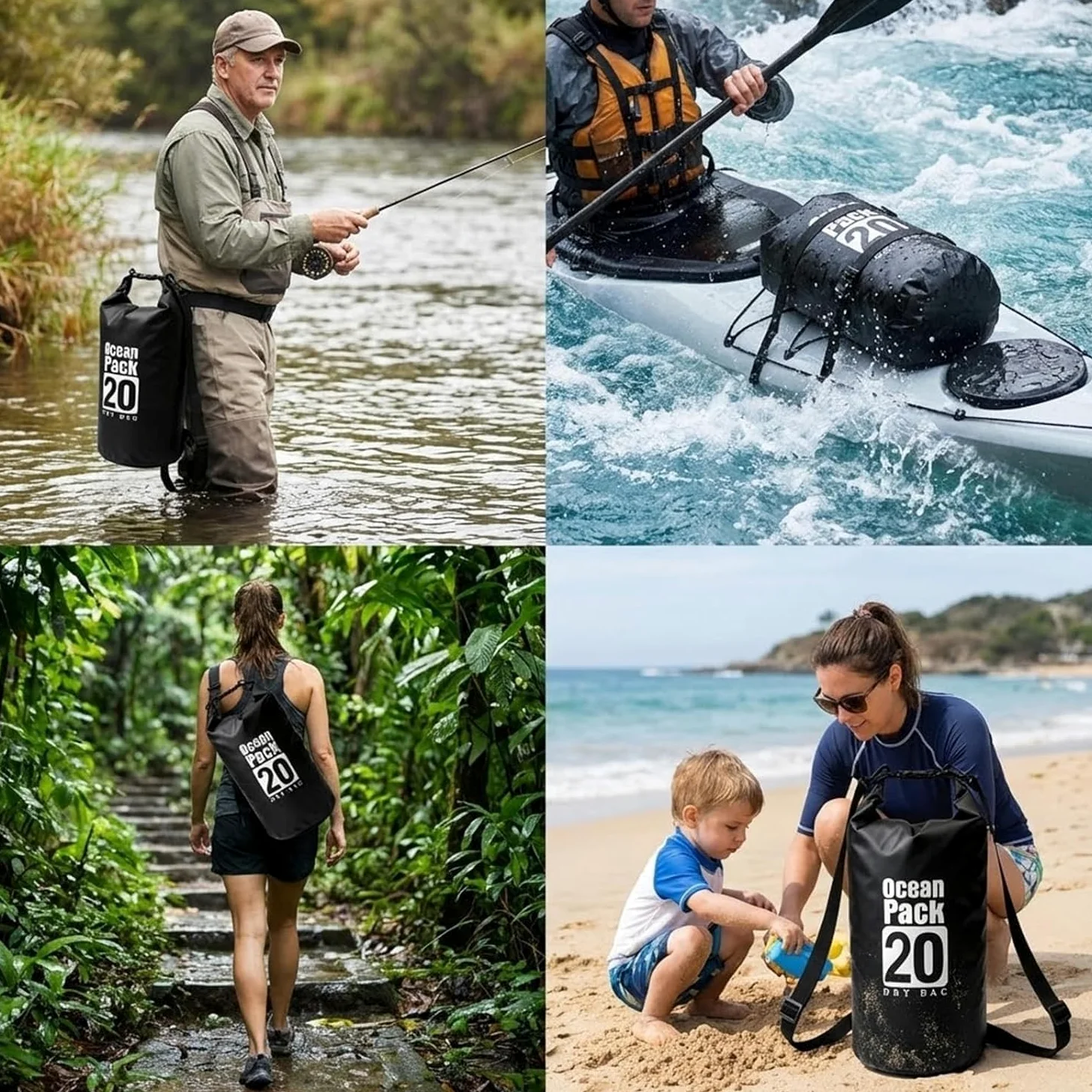 Bolsa seca flotante impermeable de 5L/10L/15L/20L para mujer, mochila ligera y duradera para kayak, natación, camping, senderismo, suave y resistente a la abrasión con cierre enrollable (negro