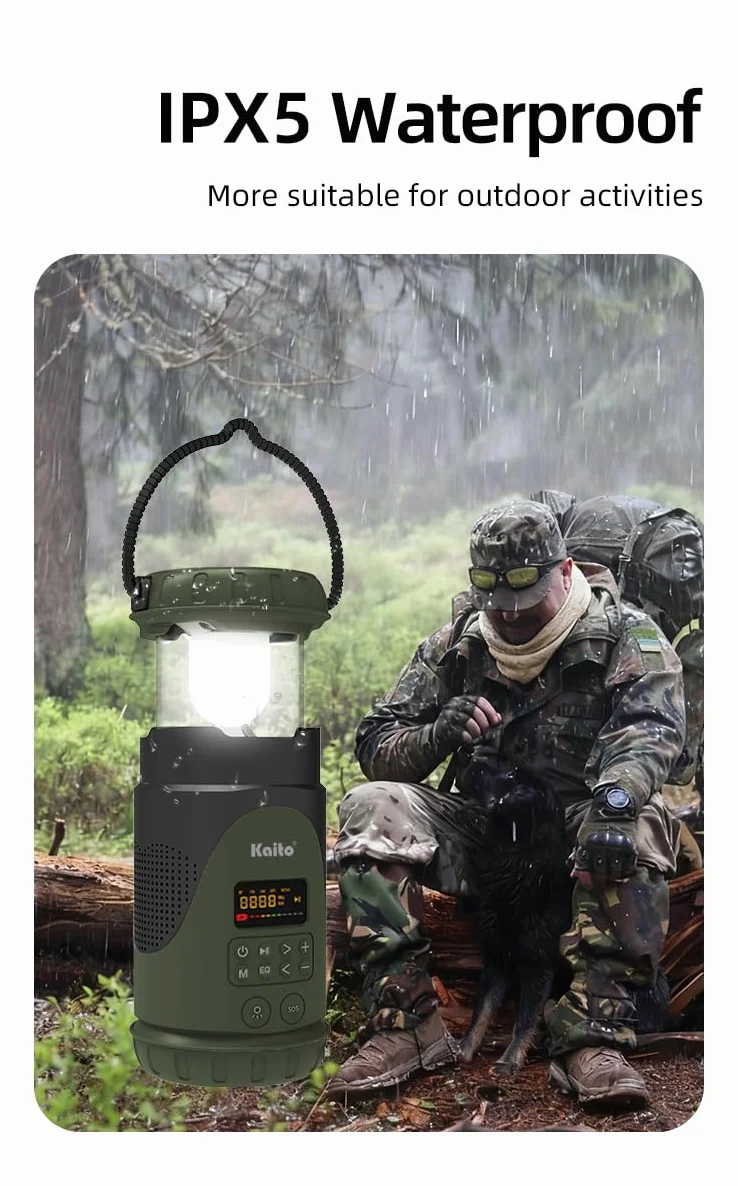 Kaito KL101 Linterna y linterna de emergencia para camping, manivela y energía solar, batería recargable de 5000 mAh, radio AM/FM/clima, impermeable, alarma SOS, carga USB