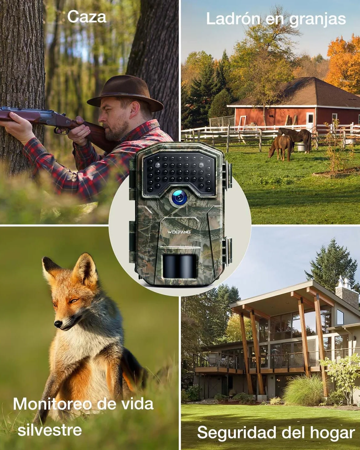 WOLFANG Cámara de Caza, Camara Fototrampeo 48MP 4K HD, Nocturna 940 NM LED IR Sin Brillo con 0,3s Activación, Cámara Caza Impermeable IP66 para Vida Silvestre y Monitoreo de Seguridad WT01