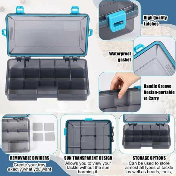 Paquete de 6 cajas de aparejos de pesca impermeables 3600 bandejas de aparejos con separadores extraíbles, organizador de almacenamiento de plástico